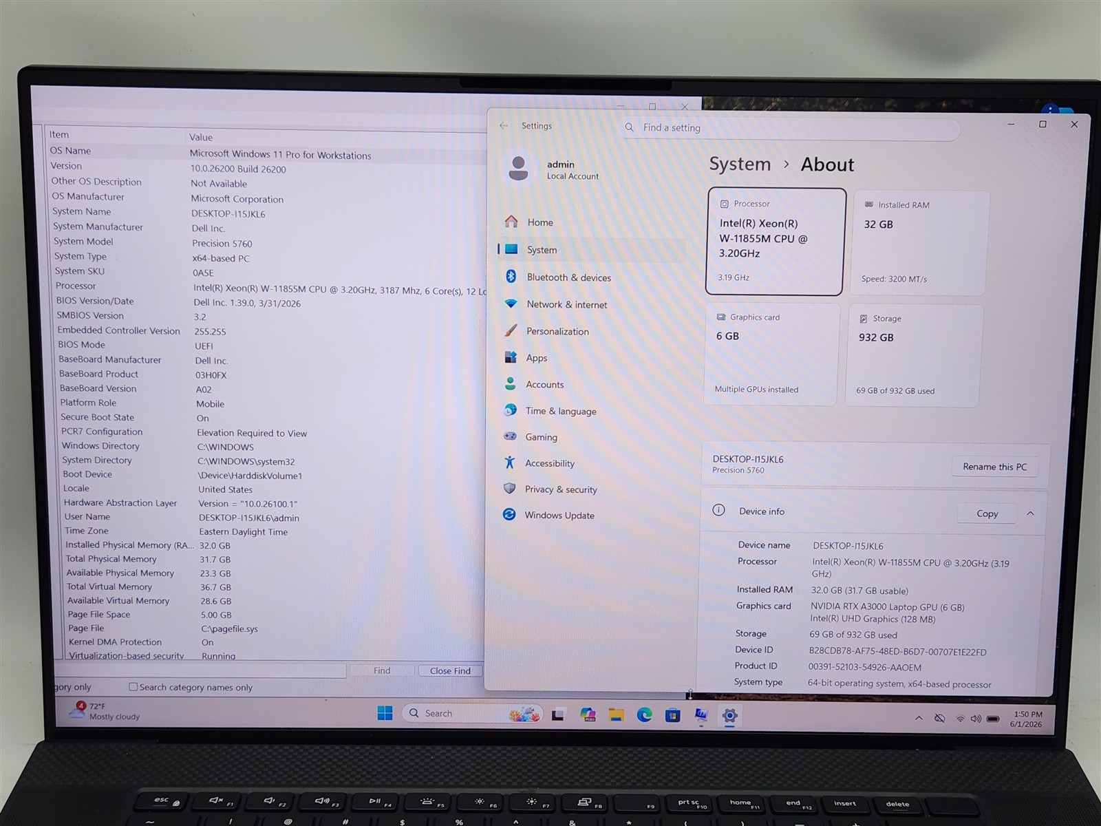 Dell Precision 5760 17″ Xeon W-11855M 32GB RAM nVidia RTX A3000 1TB NVMe Laptop