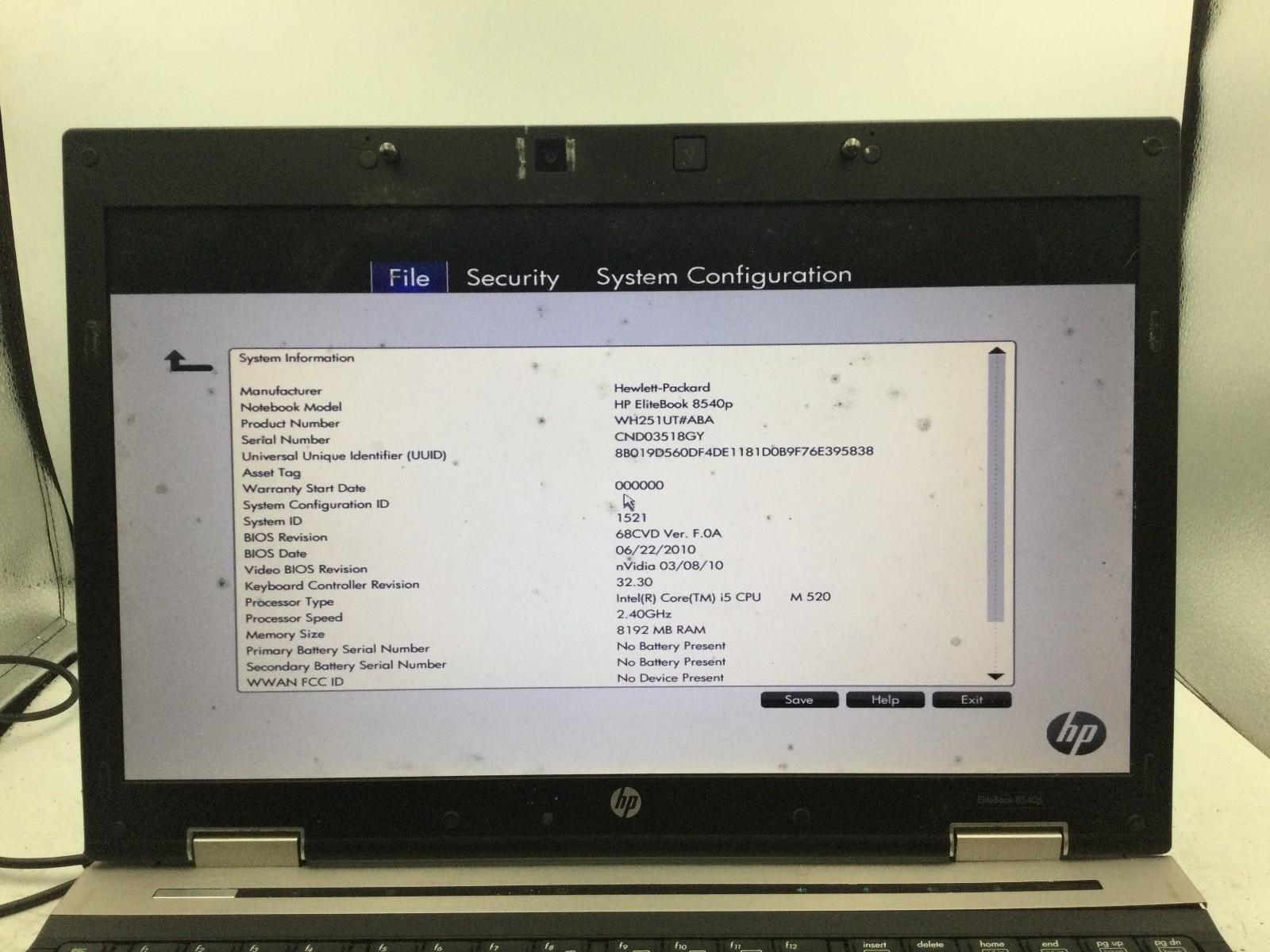 HP ELITEBOOK 8540P – BOOTS TO BIOS – INTEL I5 M520 – 8GB RAM – 15″ – READ – BB