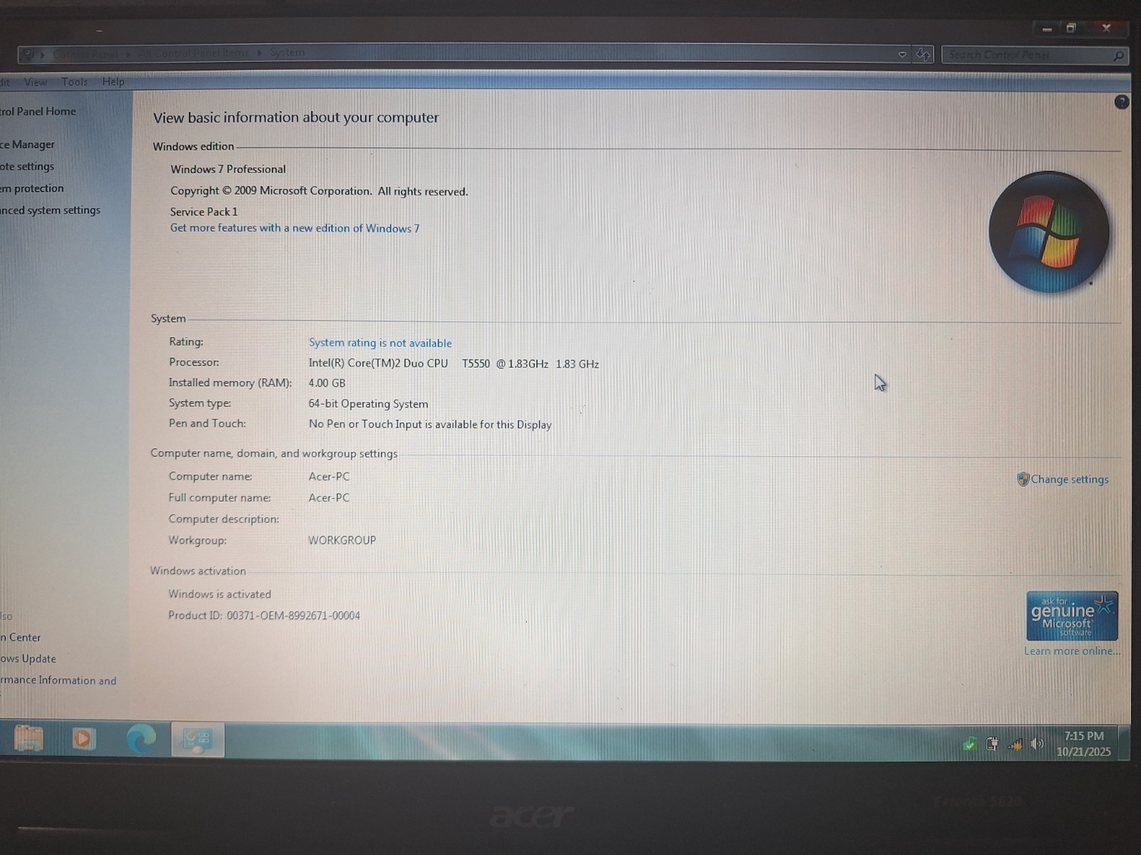 ACER EXTENSA 5620 LAPTOP PC CORE 2DUO 1.83GHz 4GB RAM WIN7 PRO OFFICE USED