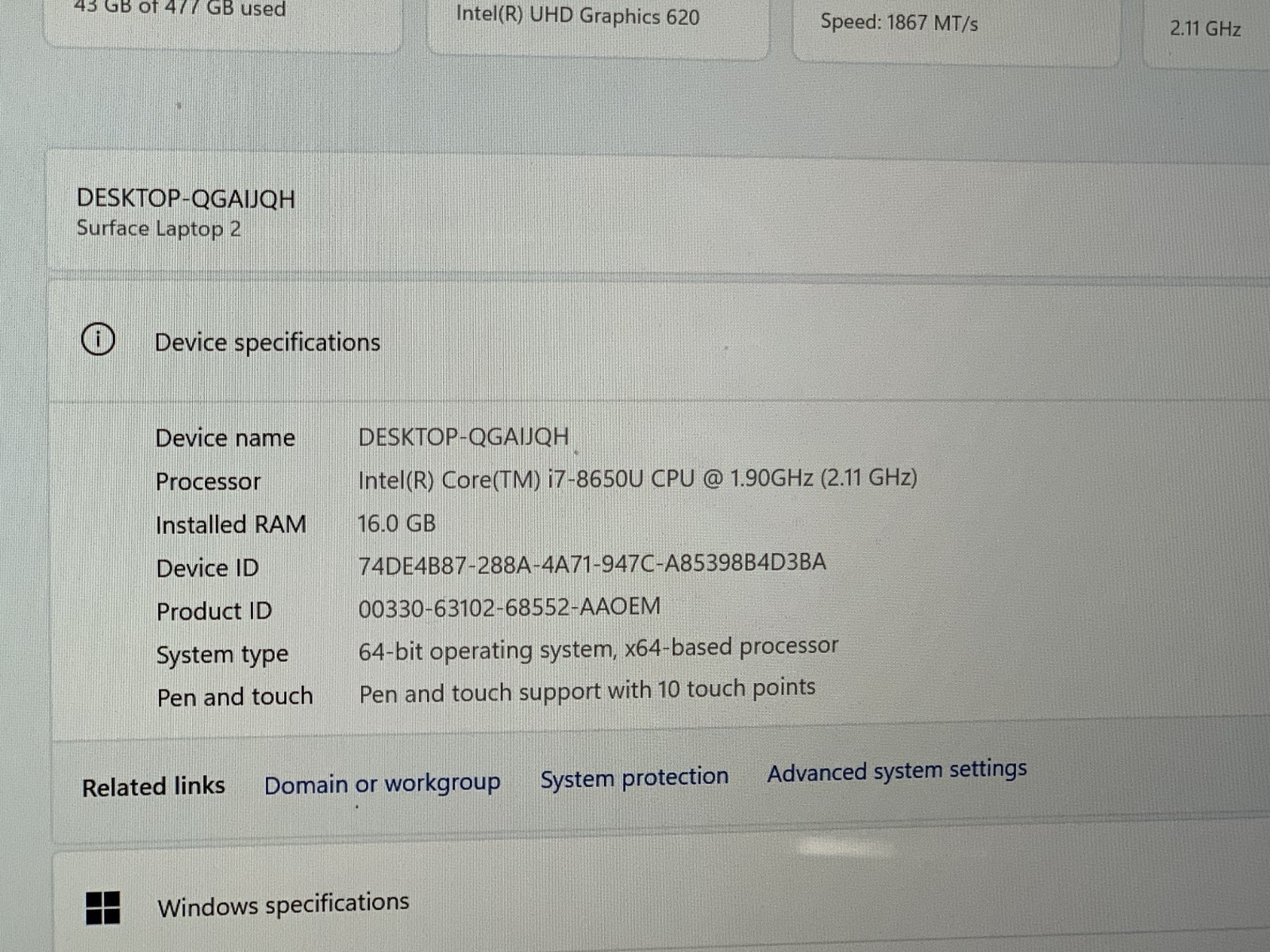 MICROSOFT SURFACE 2 1769 I7- 8650U@ 1.90GHZ 16GB RAM 512GB NVMe W11P W/AC *QTY