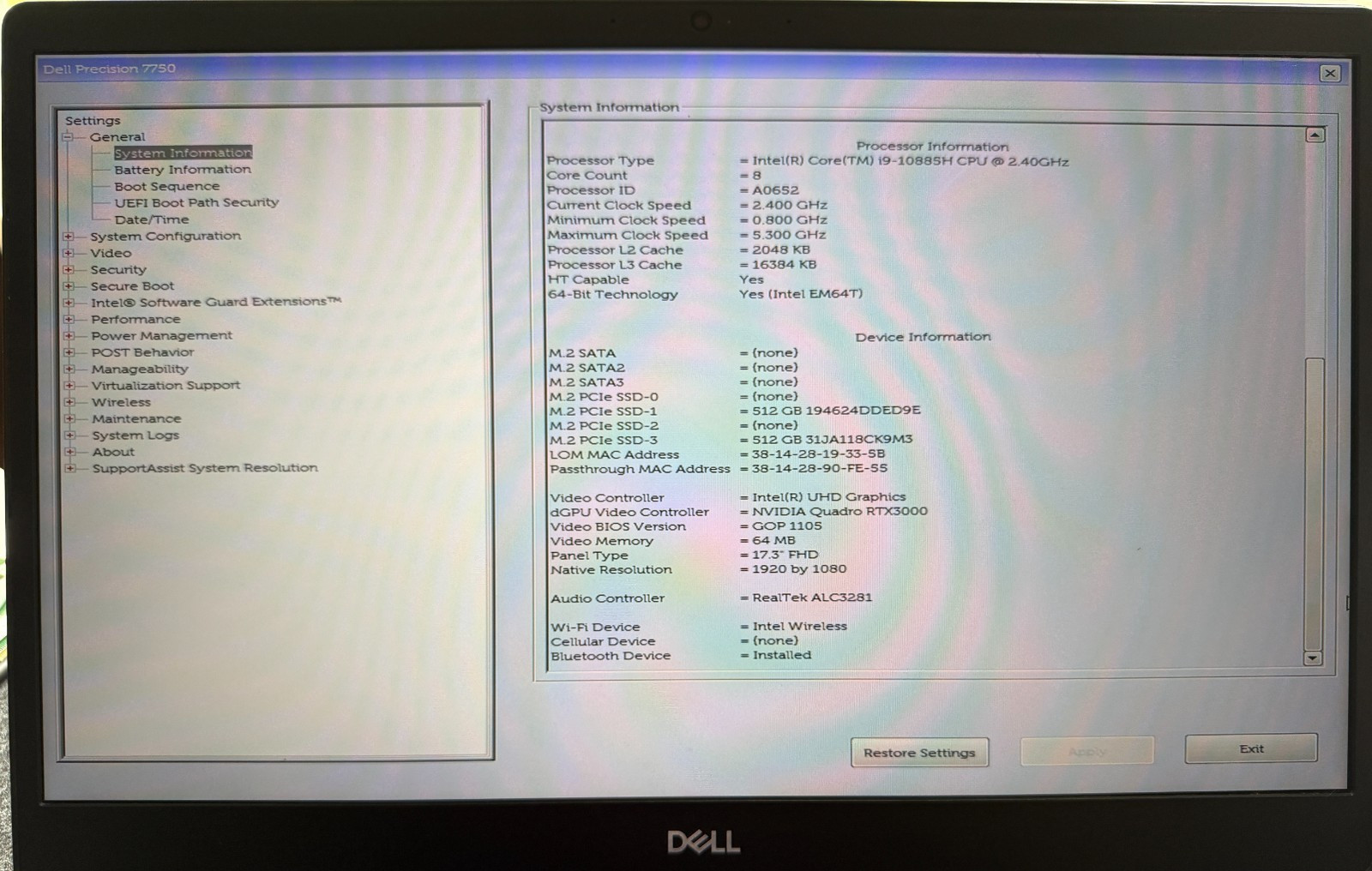 DELL PRECISION 7750 17.3″ i9-10885H 32GB (2)500GB SSD NVIDIA RTX 3000 WIN 11 PRO