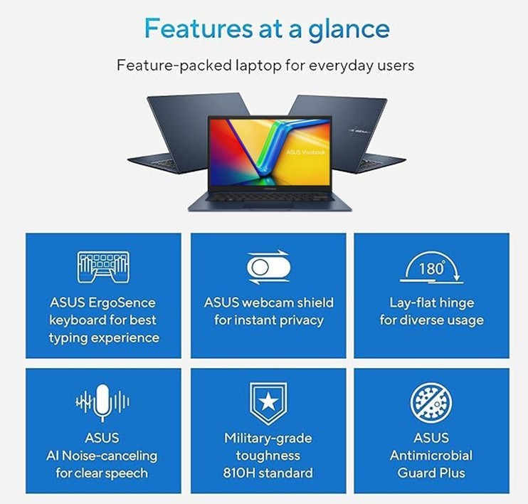 ASUS Vivobook Laptop, 14″ FHD Display, i3-1215U, 16GB RAM, 512GB SSD, Wi-Fi 6