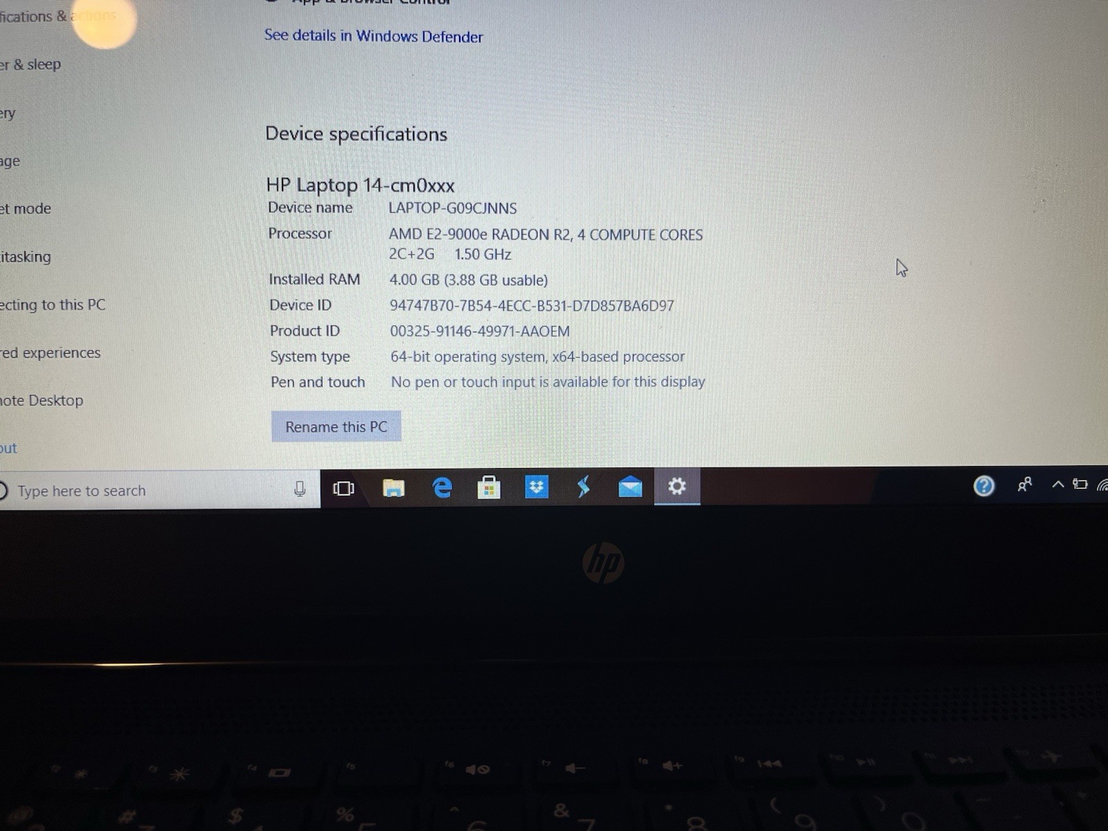HP Laptop 14-CM0XXX AMD E4-9000e Radeon R2, 2300MHz 4GB 32GB (Slow) 🛑