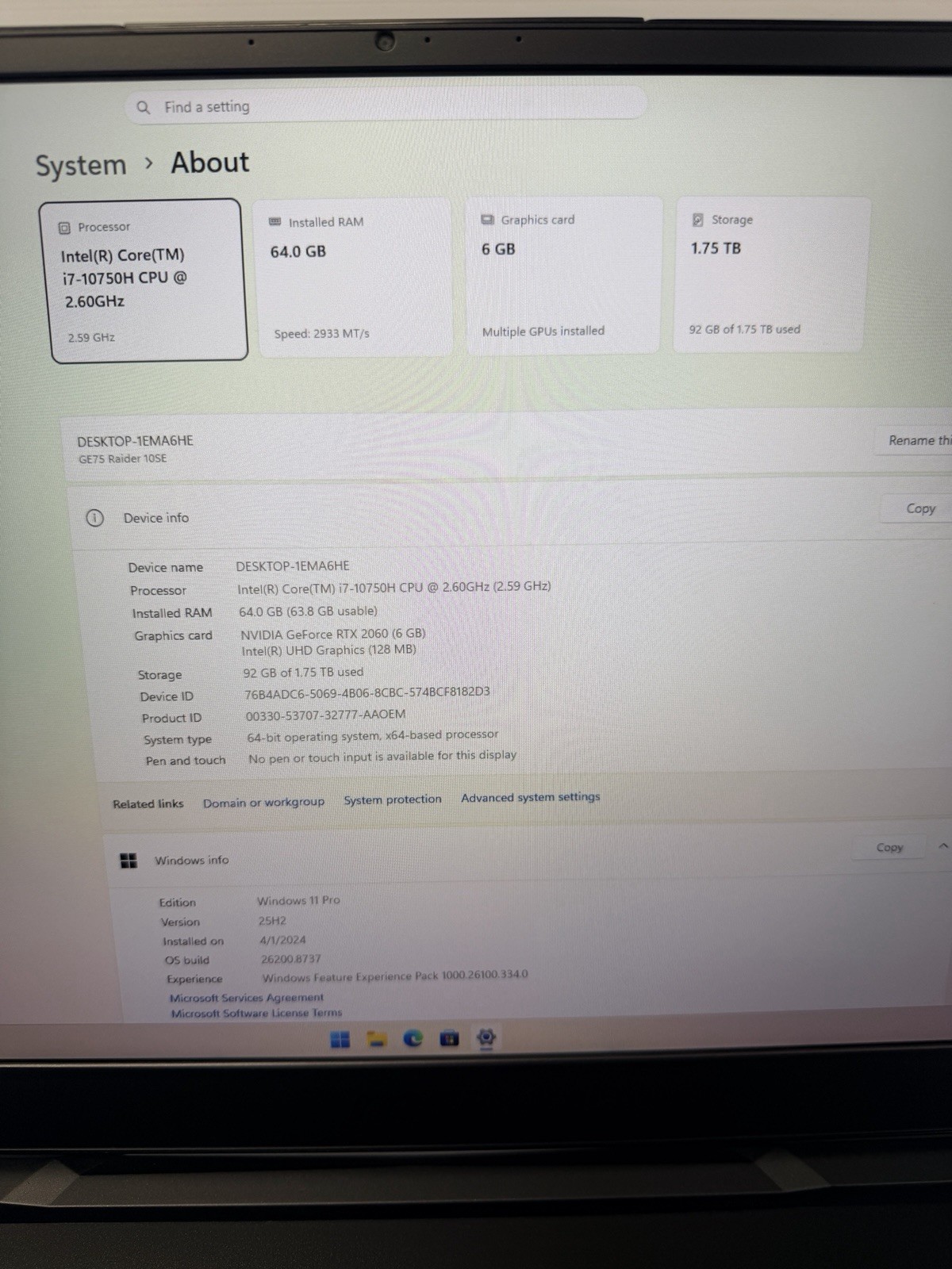 MSI GE75 Raider 10SE 17.3″ Gaming Laptop i7-10750H 64GB RAM 1.75TB RTX 2060 Read