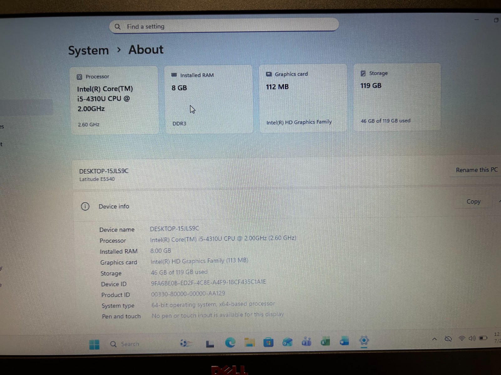 Dell Latitude E5540 15.6″ i5 8GB 128GB SSD Win 11 Pro Office 2021 DVD WiFi Lapto