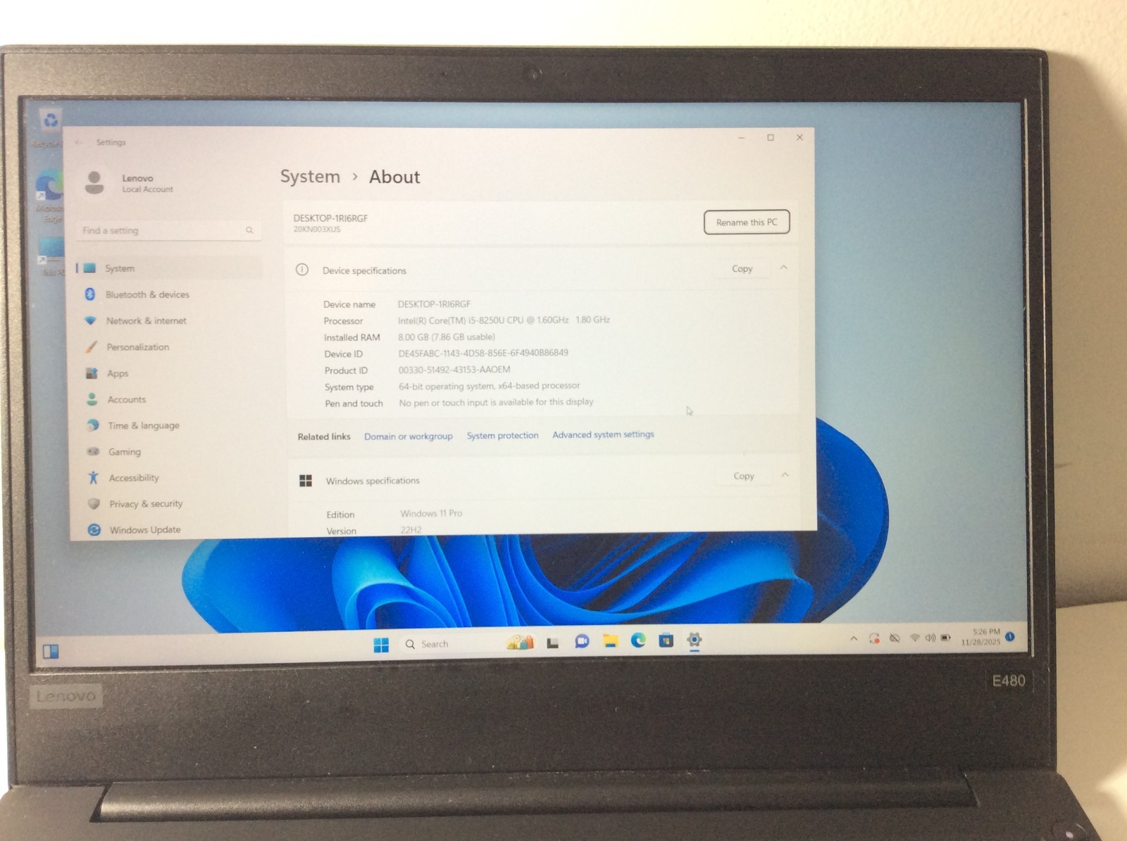 Lenovo ThinkPad E480 14″ FHD Laptop (20KN) i5-8250U 1.60GHz 256GB SSD 8GB WIN 11