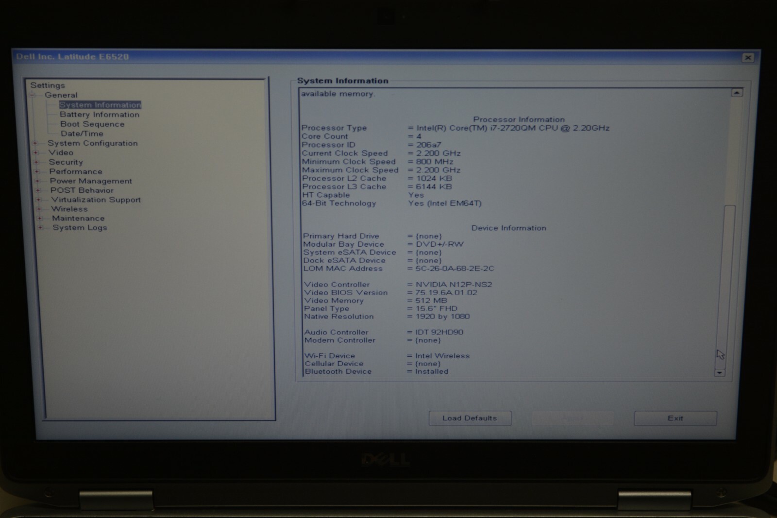 Dell Latitude E6520 Intel Core i7-2720QM @ 2.20GHZ 4GB Ram No HD #W104