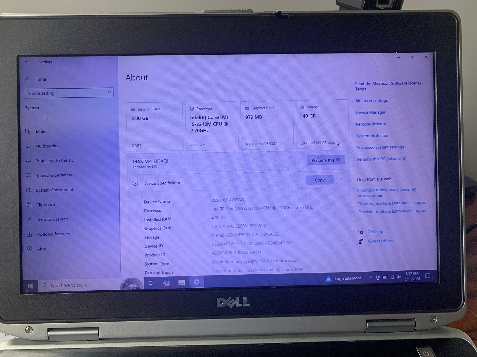Dell Latitude E6430 14 Inch (149GB , Core I5-3320m, 2.6 GHz, 4GB) Laptop