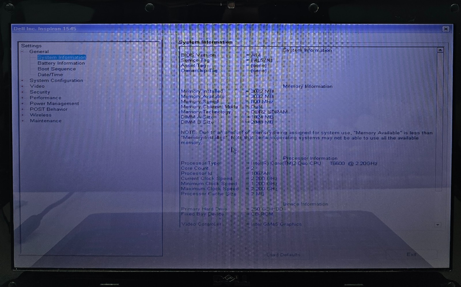 Dell Inspiron 1545 Laptop Intel Core 2 Duo T6600 3GB RAM 250GB NO OS/BATT (FL)