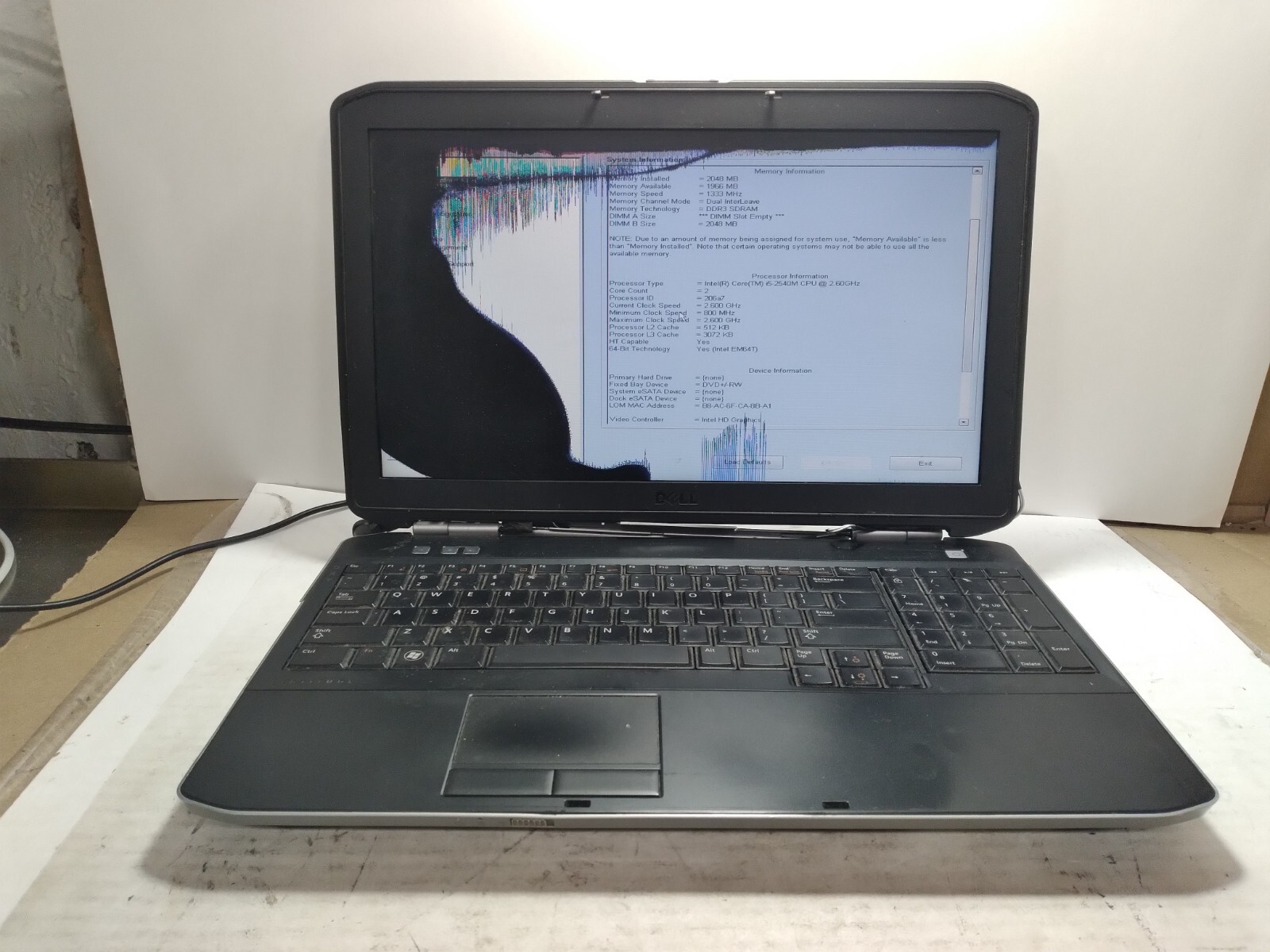 Dell Latitude e5520 w/i5-2540M, 2GB RAM Laptop for Parts/Repair #0218