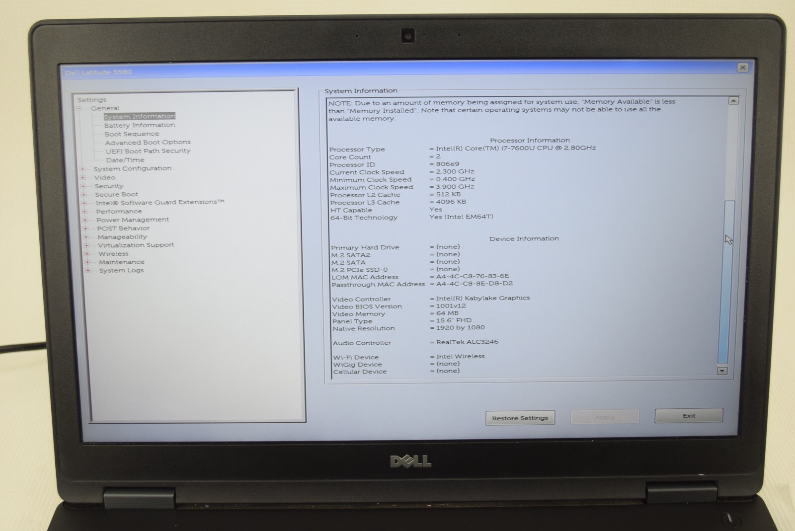 Dell Latitude 5580 Intel Core i7-7600U 2.8GHz 16GB RAM No HDD or OS