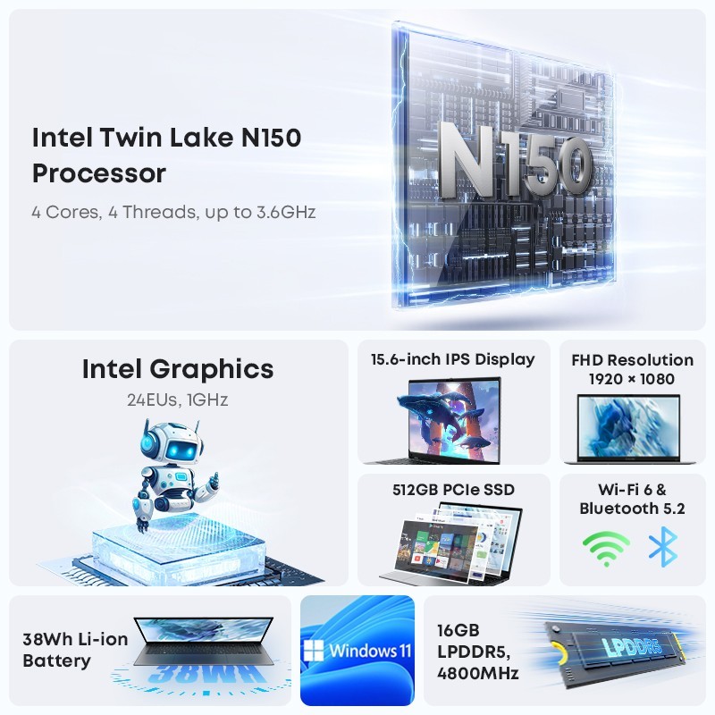 CHUWI GemiBook Plus 15.6″ Windows 11 Laptop, Intel N100, 8/16GB RAM, 256/512 SSD