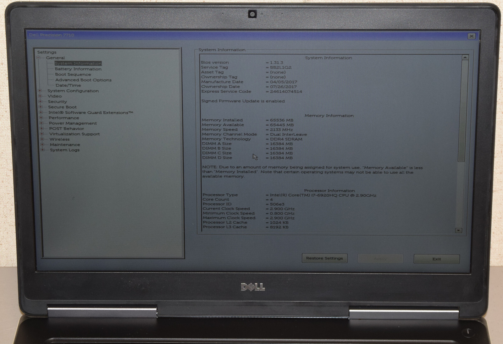 Dell Precision 7710 17.3″ i7-6820HQ 64GB DDR4 512GB NVMe Quadro M3000M 4GB