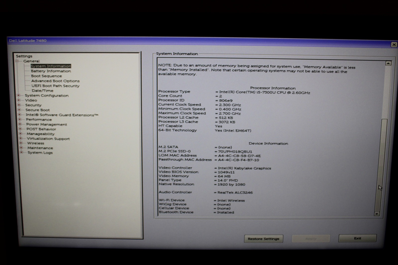Dell Latitude 7480 i5-7300U @ 2.6 GHz 8GB RAM 256GB SSD No OS *READ