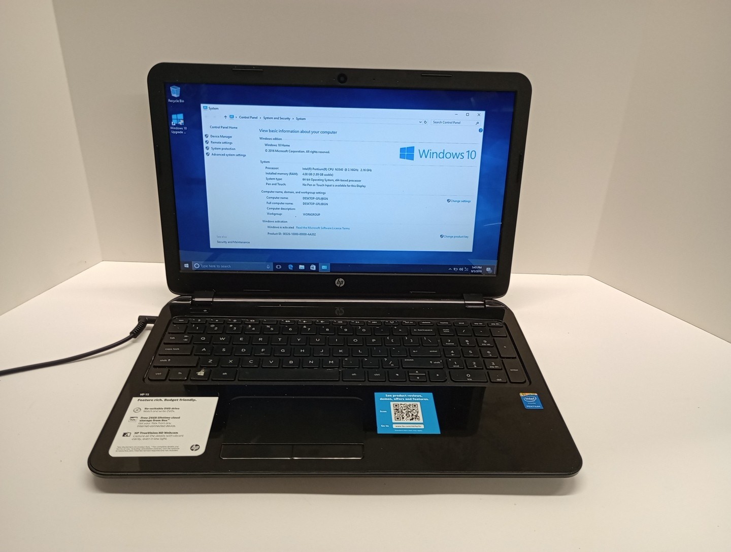 hp15-r029wmrev Win10 laptop Works While Plugged In, Power Adapter Not Included.