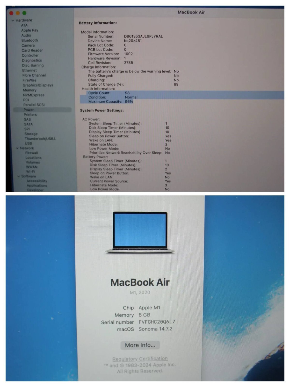 Apple MacBook Air A2337 13.3″ M1 (2020) 8CPU/7GPU 8GB 256GB OS Sonoma +Charger