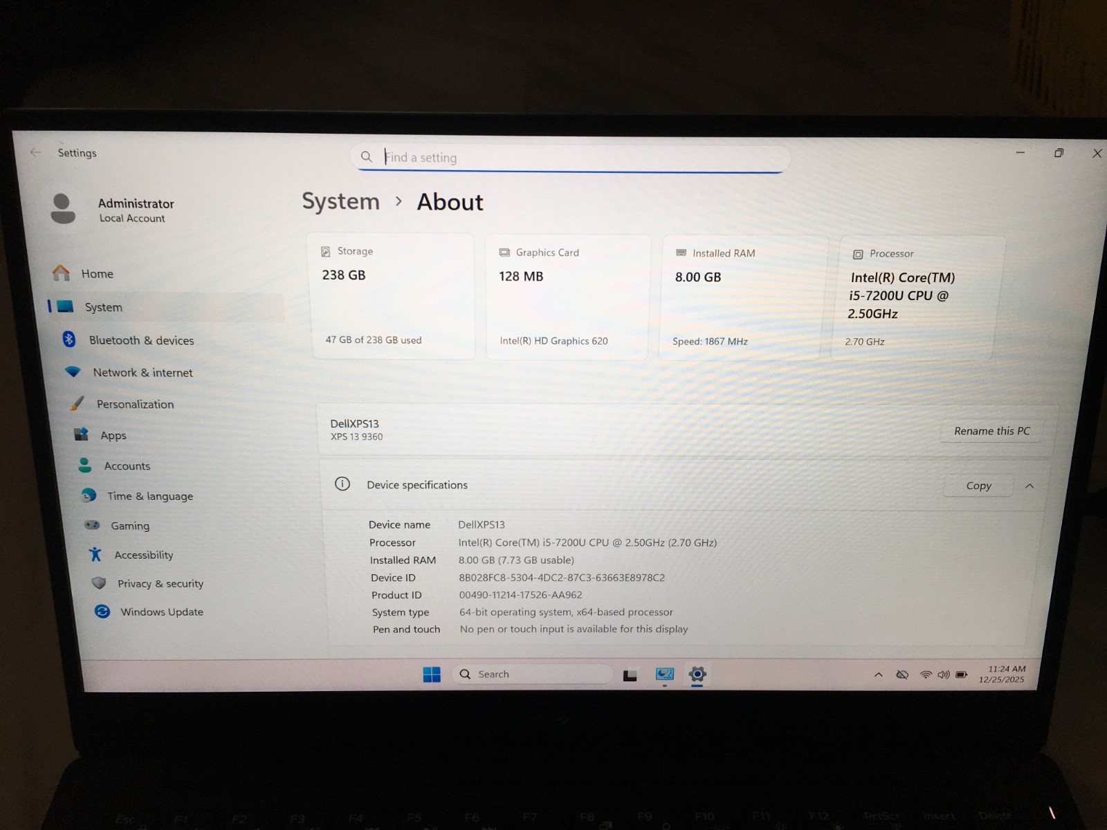 Dell XPS 13 Intel i5-7200U 2.5GHZ, 256GB NVMe, 8GB RAM, Win11 Office 2024