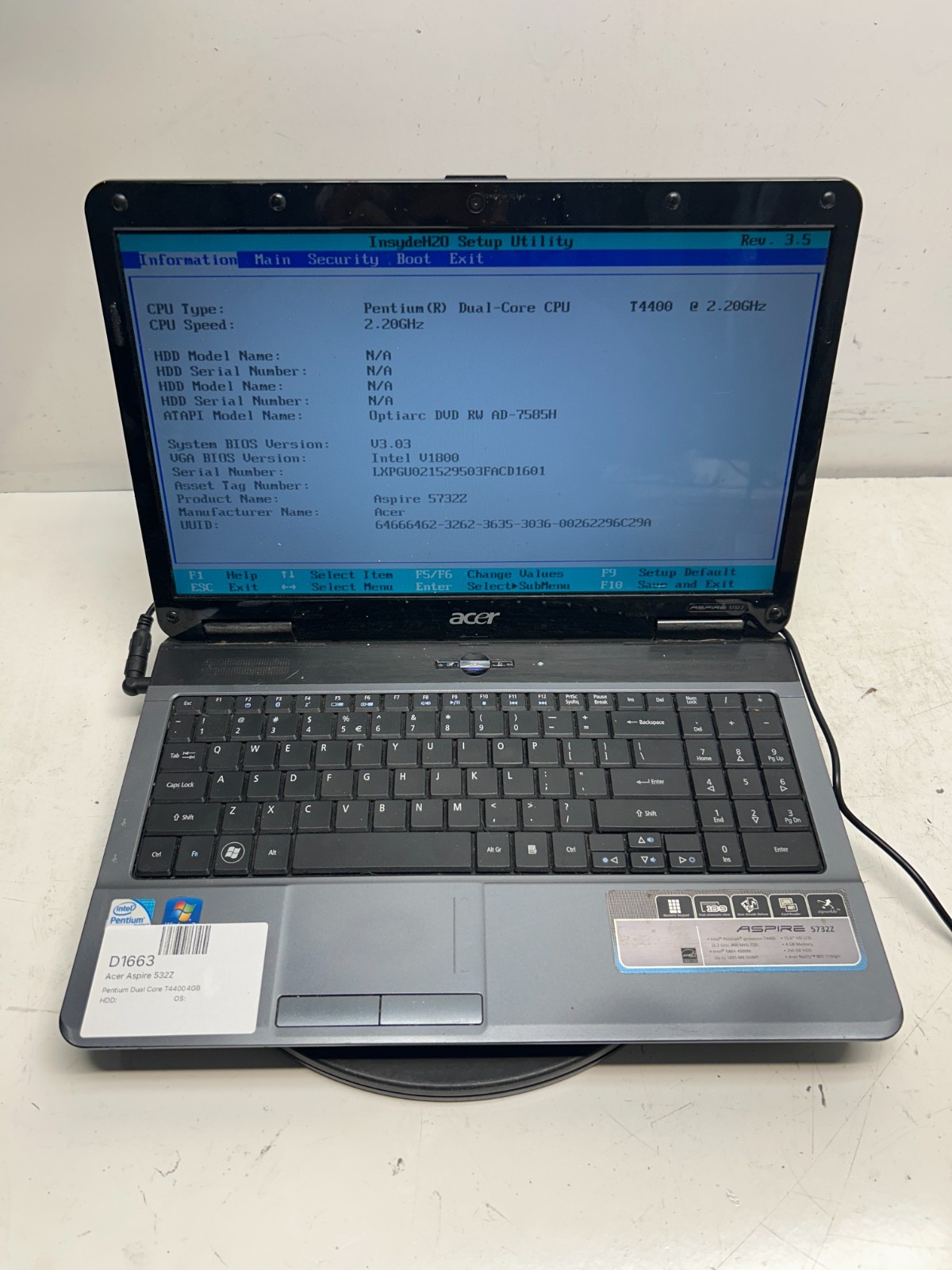 Acer Aspire 532Z Intel Pentium Dual Core T4400 2.20GHz 4GB NO HDD