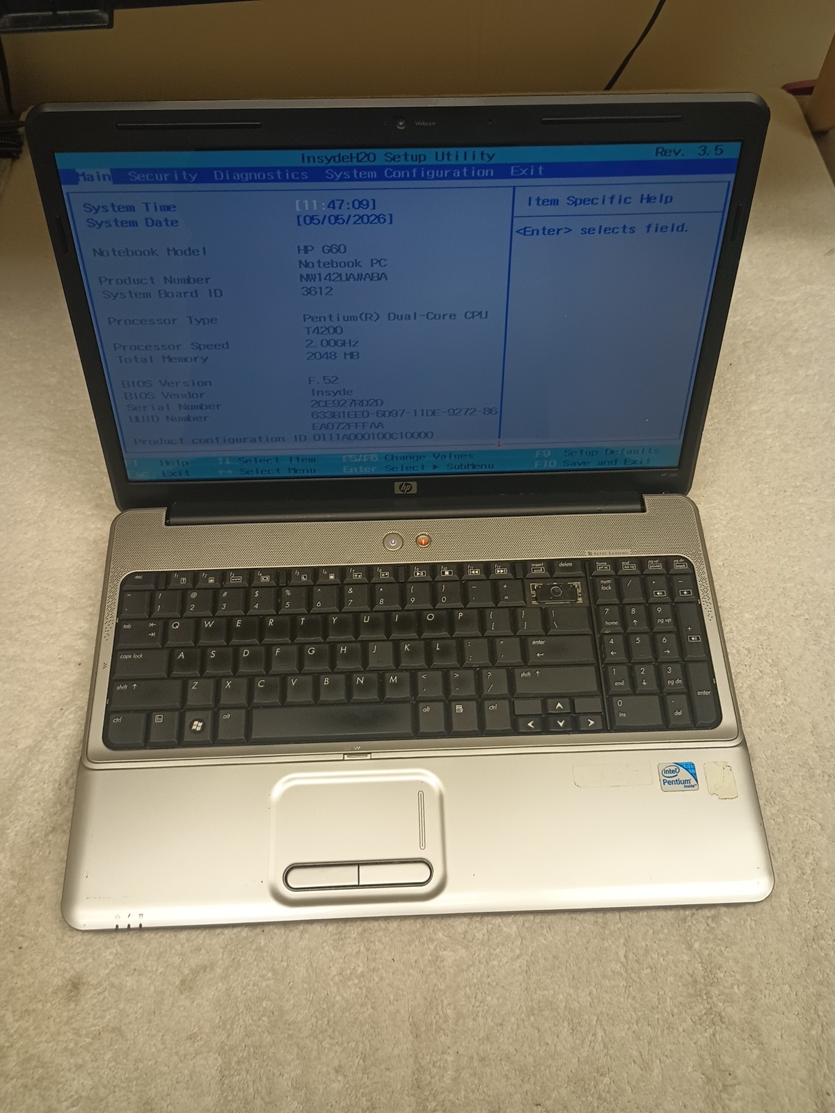 HP G60-441us Laptop Intel Pentium Dual Core T4200 2GB Ram NO HD/OS Boot To Bios
