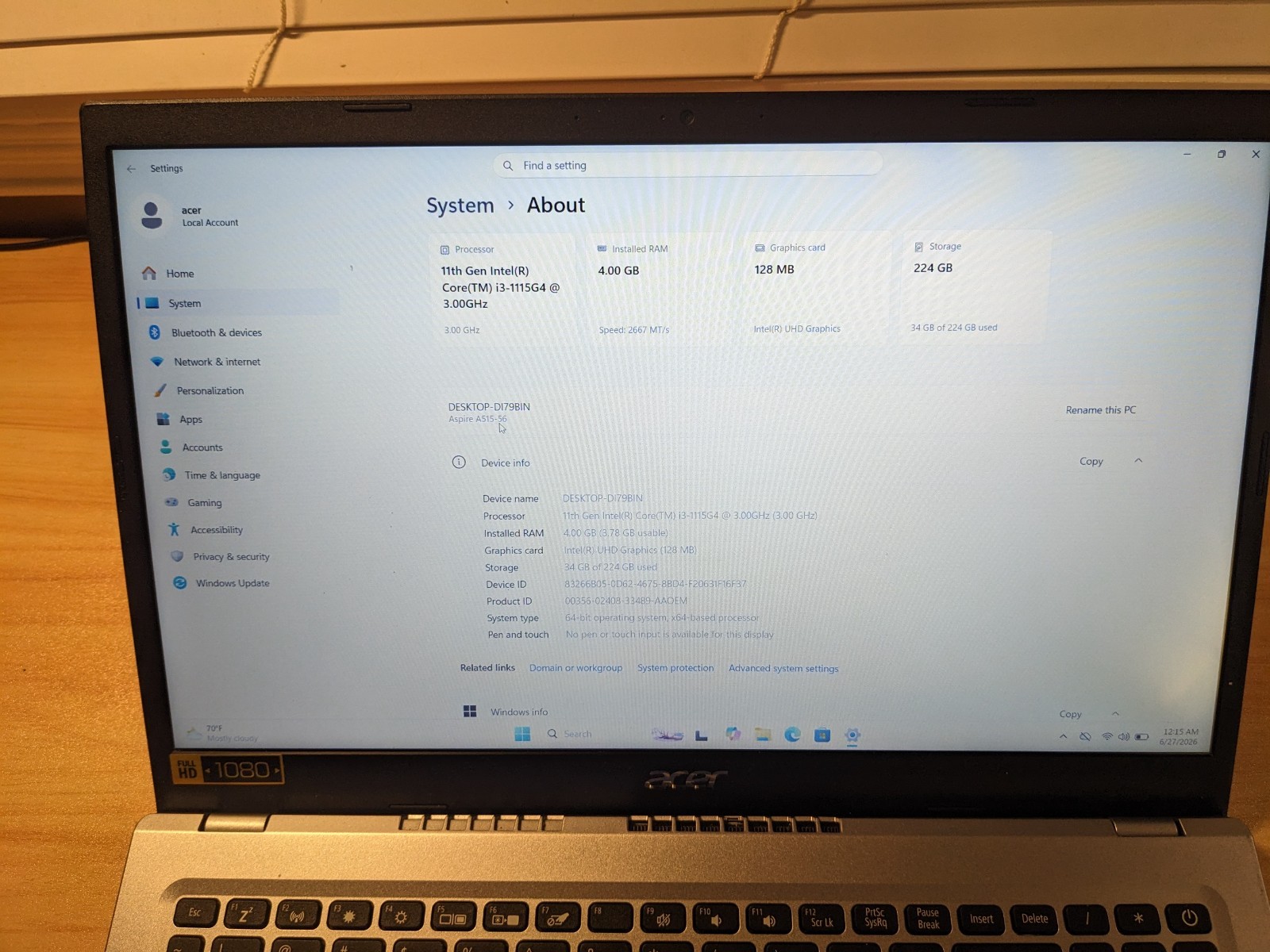 Acer Aspire 5 A515- 15.6″ 240 GB SATA SSD, Intel Core i3 11th Gen 4G RAM GHz.