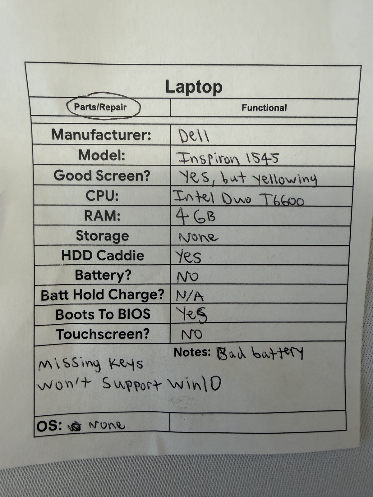Dell Inspiron 1545 Laptop – Screen Yellowing – Intel Duo T6600 – Read Des