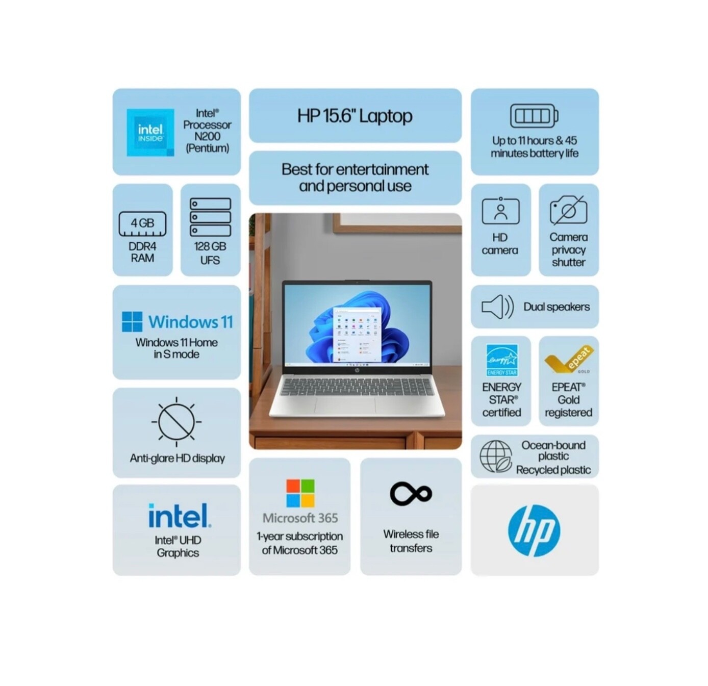 HP 15.6 inch Windows Laptop Intel Processor N200 4GB RAM 128 UFS Natural Silver