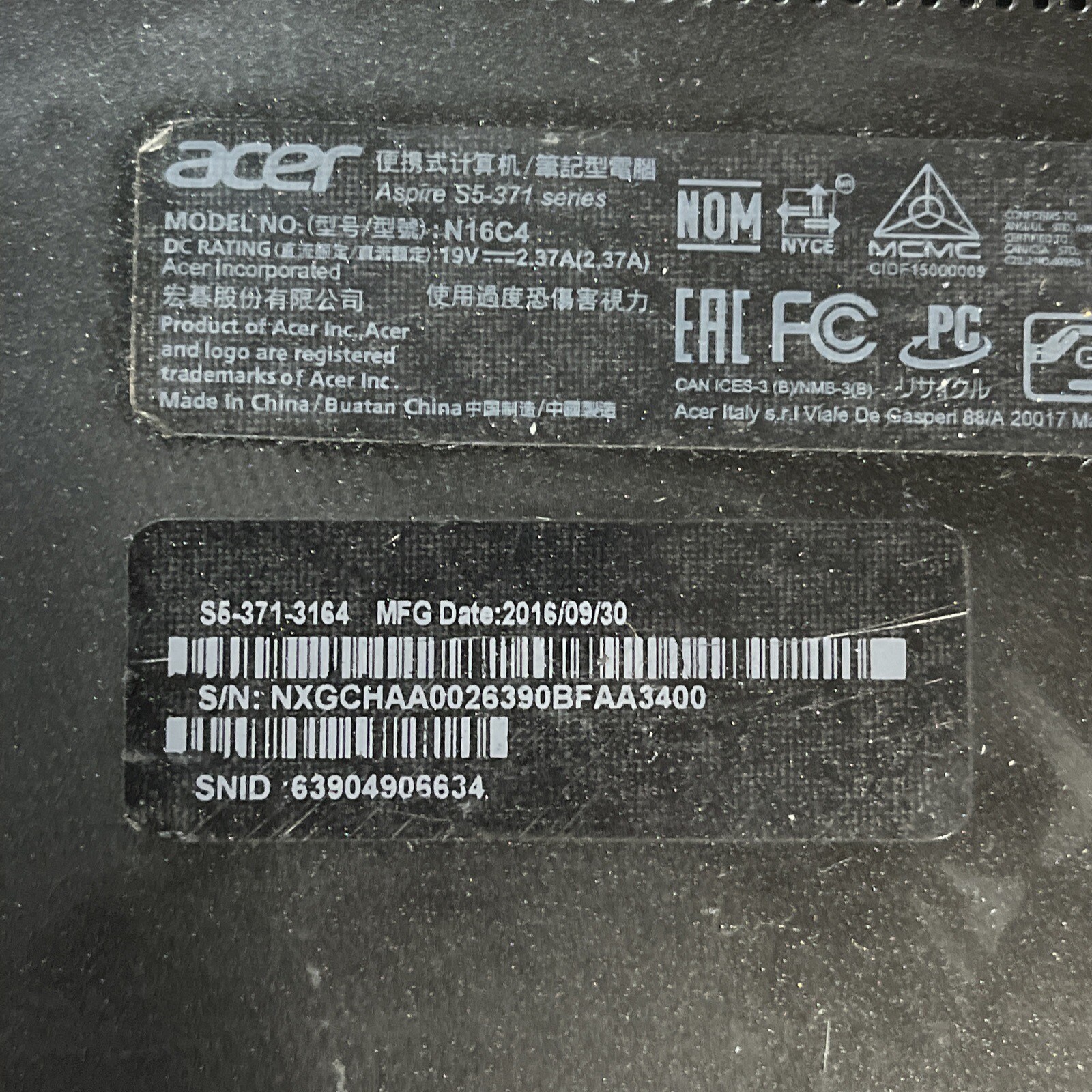 ACER ASPIRE S 13 INTEL CORE I3 4GB RAM NO HD