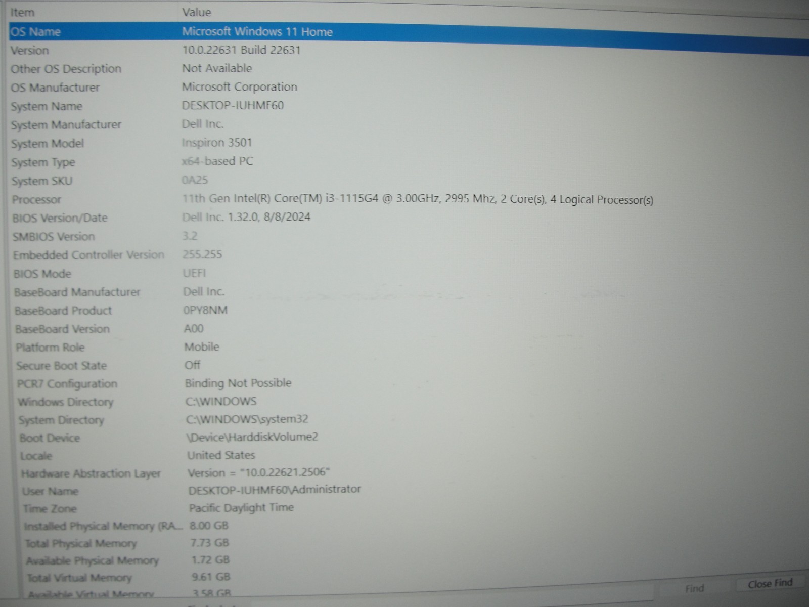 Dell Inspiron 3501 15.6”FHD Core i3-1115G4 3GHz 8GB SSD Reset 128GB+Charger