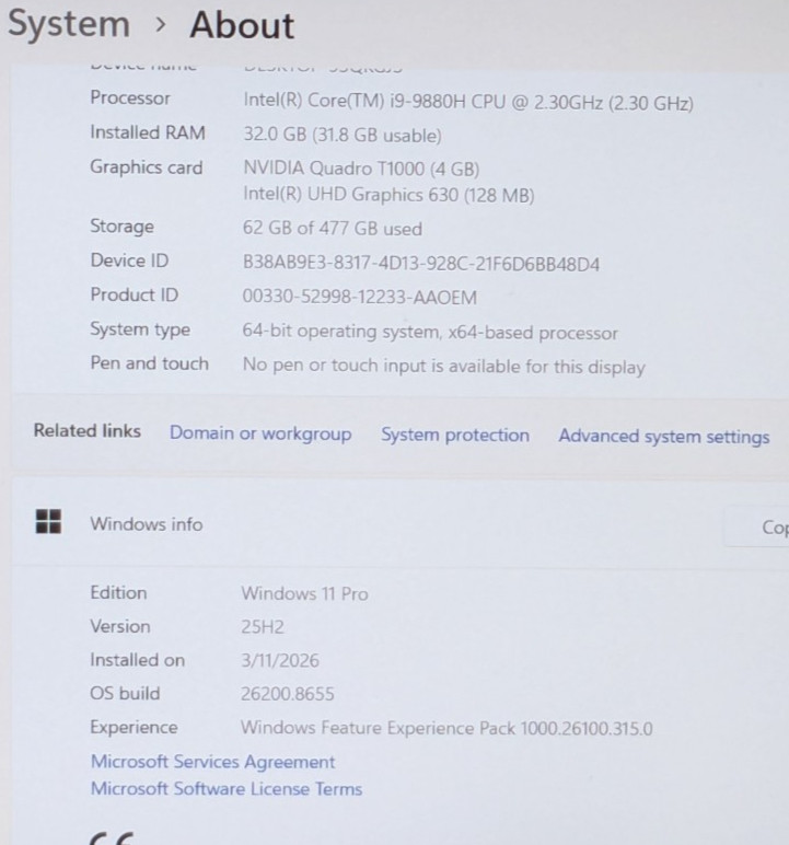 Dell Precision 7540 15.6″ i9-9880H 2.30GHz 32GB 512GB SSD W11P T1000 6X4L453