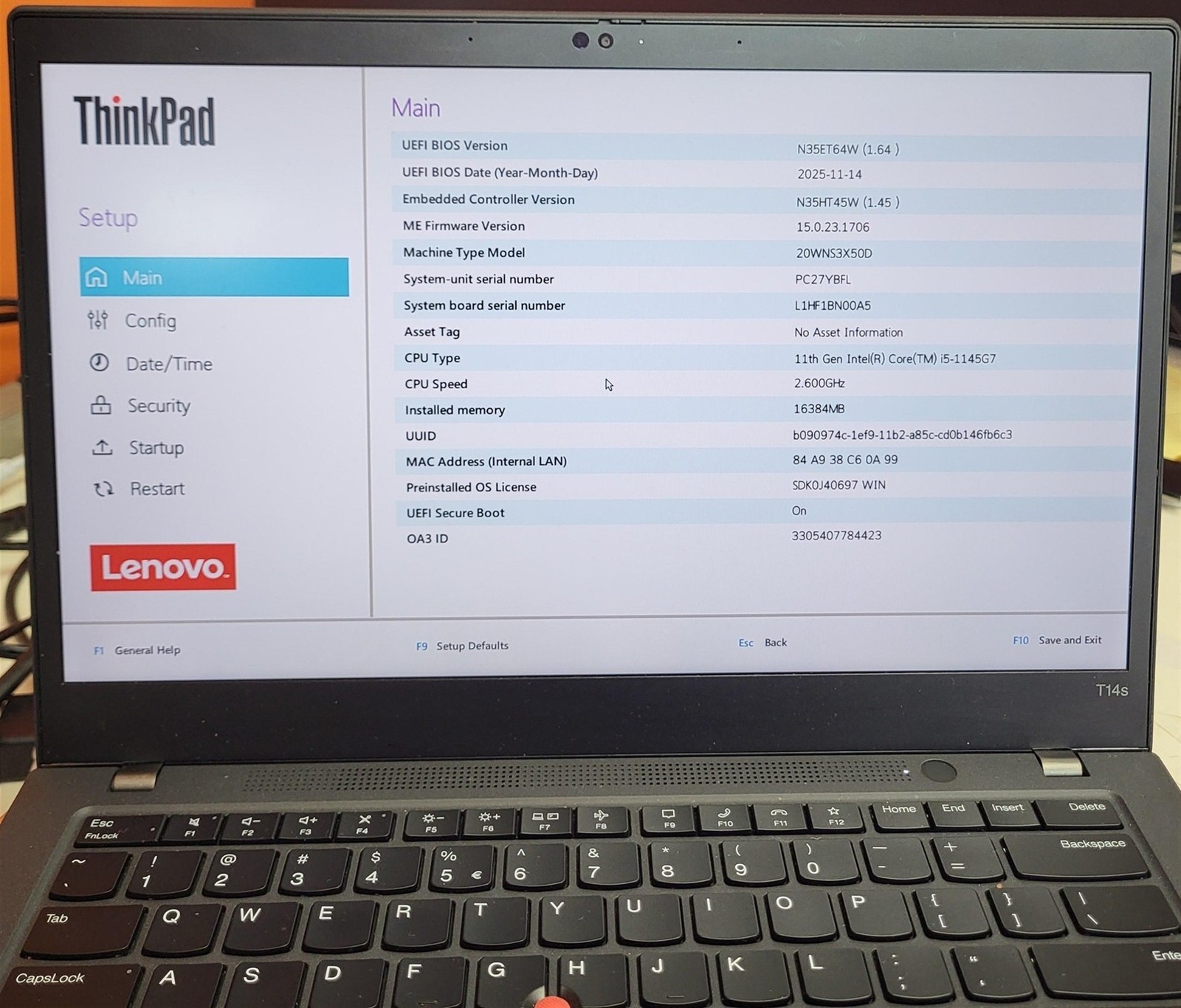 BIOS Locked Lenovo ThinkPad T14s Gen 2 Laptop Intel i5-1145G7 2.6GHz 16GB 512GB