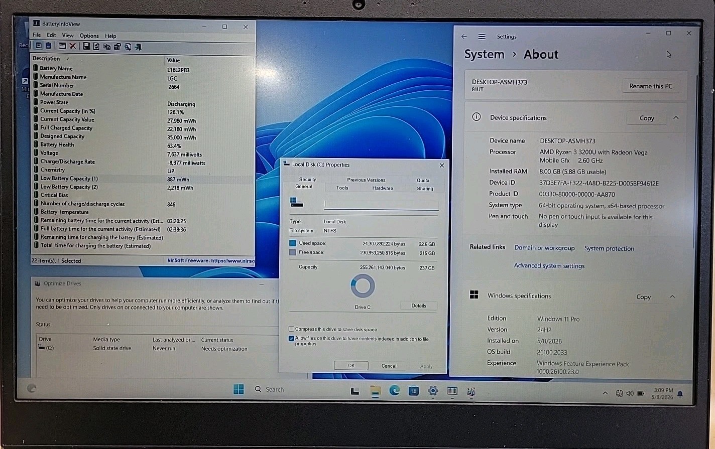 Lenovo IdeaPad S145-15API, AMD Ryzen 3 3200U @ 2.6GHz, 8GB RAM, 256GB SSD, W11P