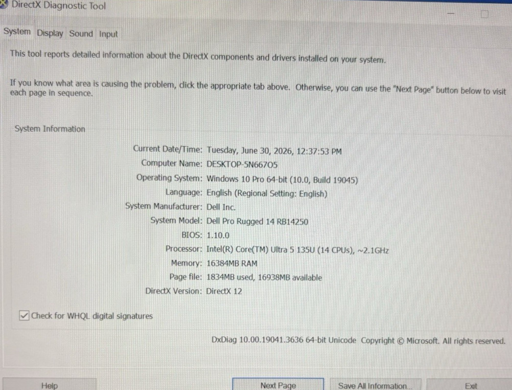 Dell Pro Rugged 14 RB14250 Core Ultra 5 135U 16GB RAM 512GB SSD Win10 Pro
