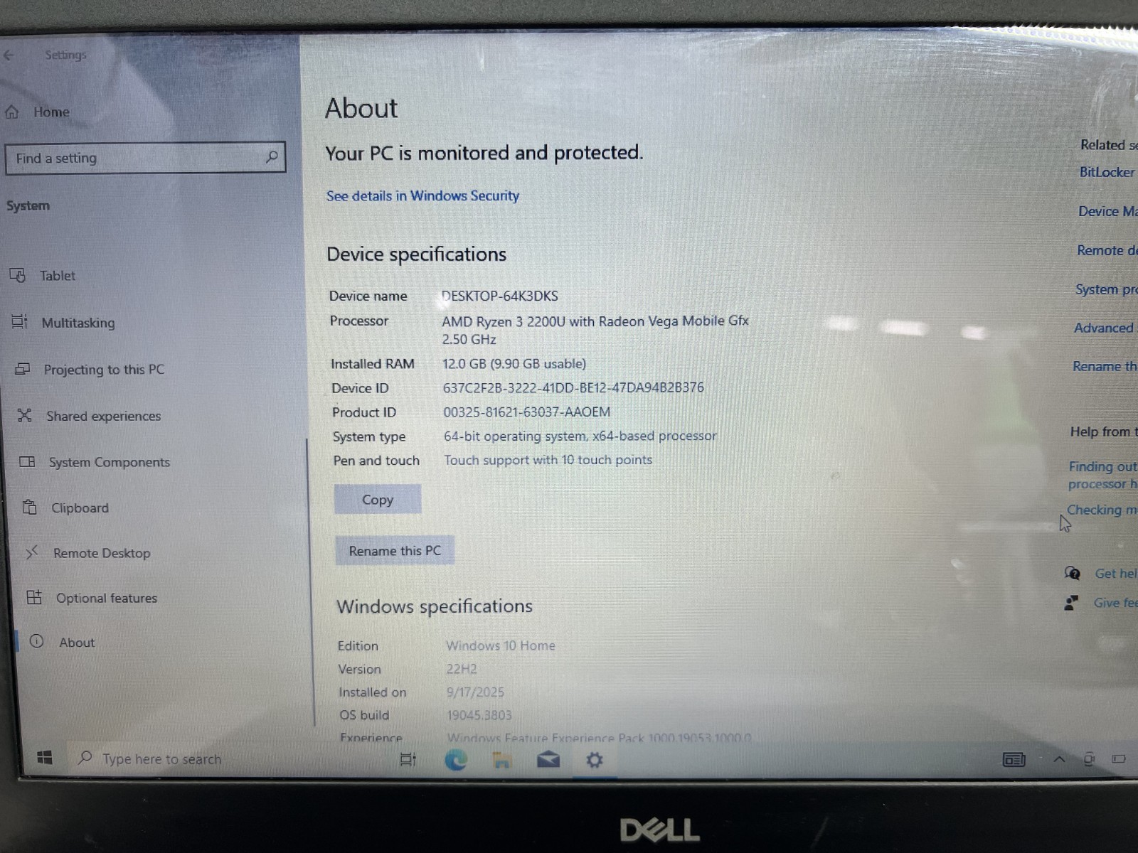 LOT(2)DELL INSPIRON 3585 RYZEN3 2200U@2.5GHz 12GB RAM 256GB NVMe W10H TOUCH WAC