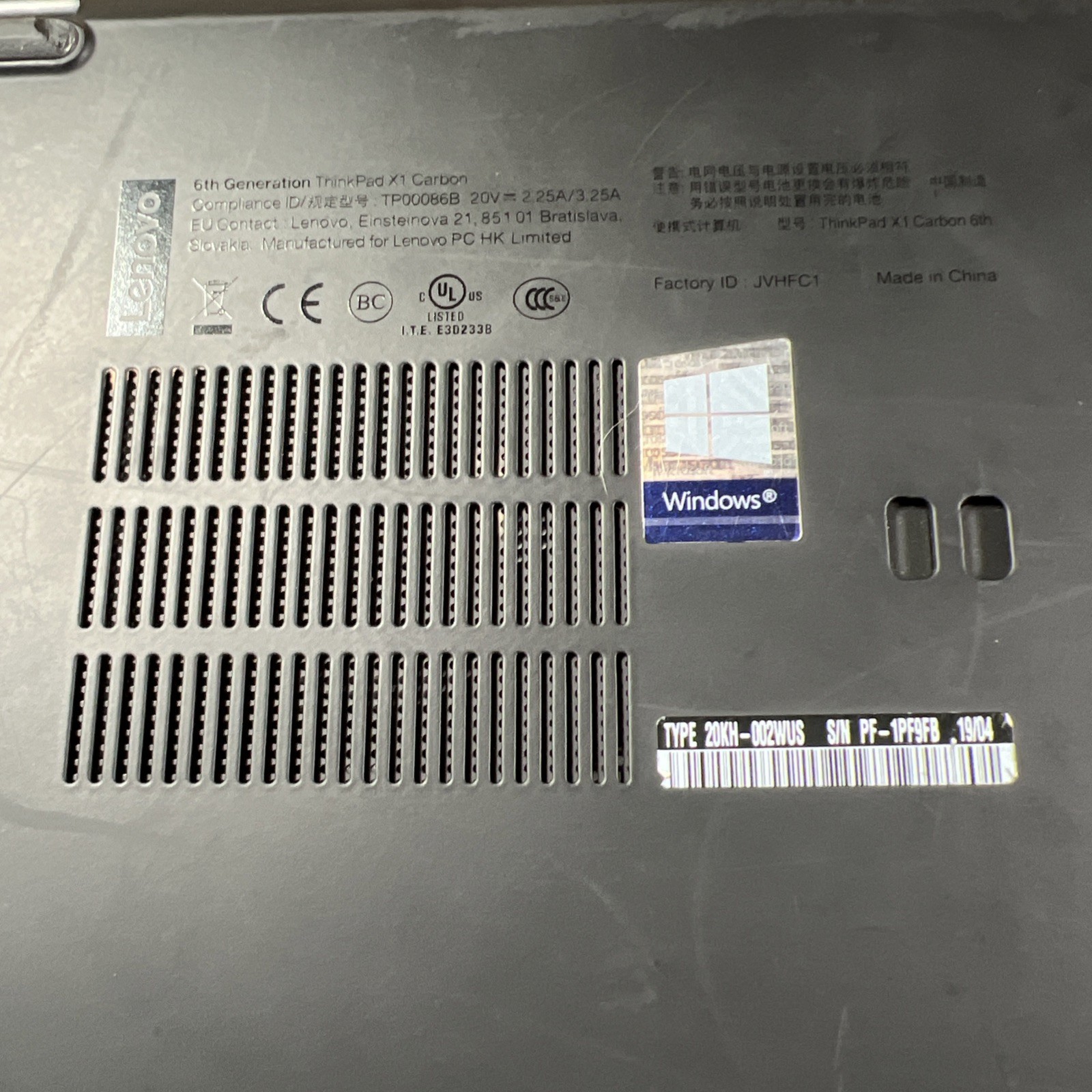 THINKPAD X1 CARBON I5-8350U 1.70GHZ 8GB RAM **NO HD/ NO CADDIE/ NO OS/ NO CHARGE