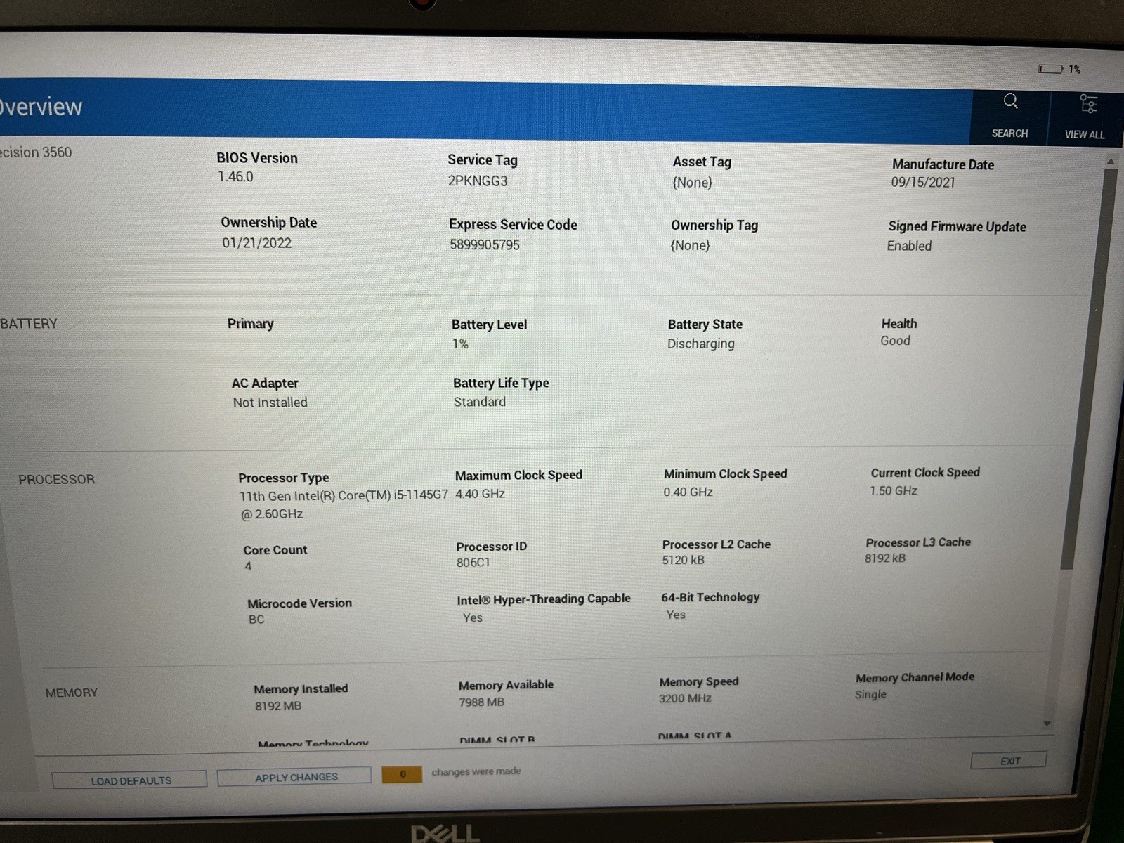 Dell Precision 3560 Workstation: 15.6″ FHD, i5-1135G7 8Gb No SSD Or OS
