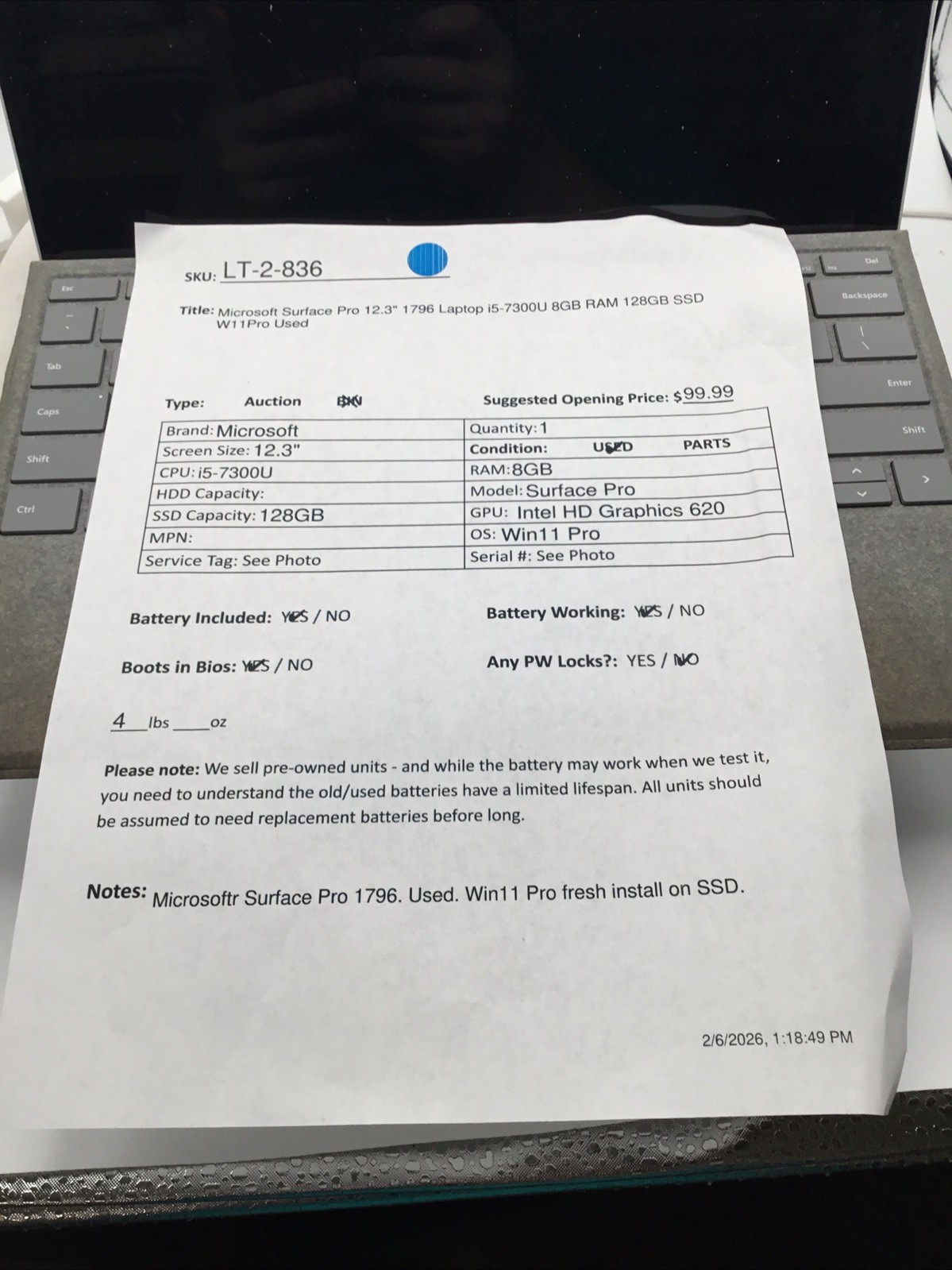 Microsoft Surface Pro 12.3″ 1796 Laptop i5-7300U 8GB RAM 128GB SSD W11Pro Used