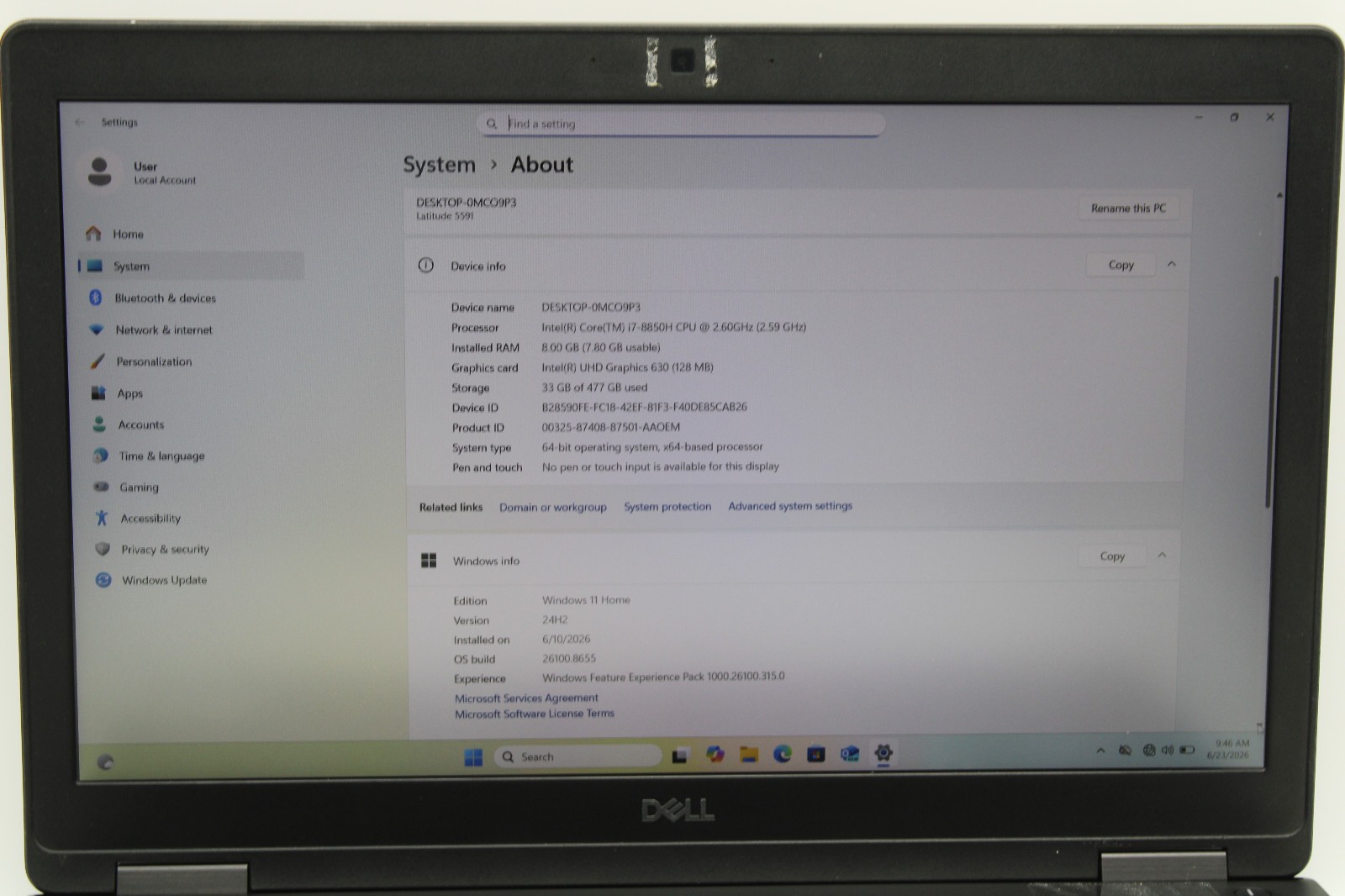 Dell Latitude 5591 i7-8850H @ 2.6 GHz 8GB RAM 512GB SSD Windows 11 Home