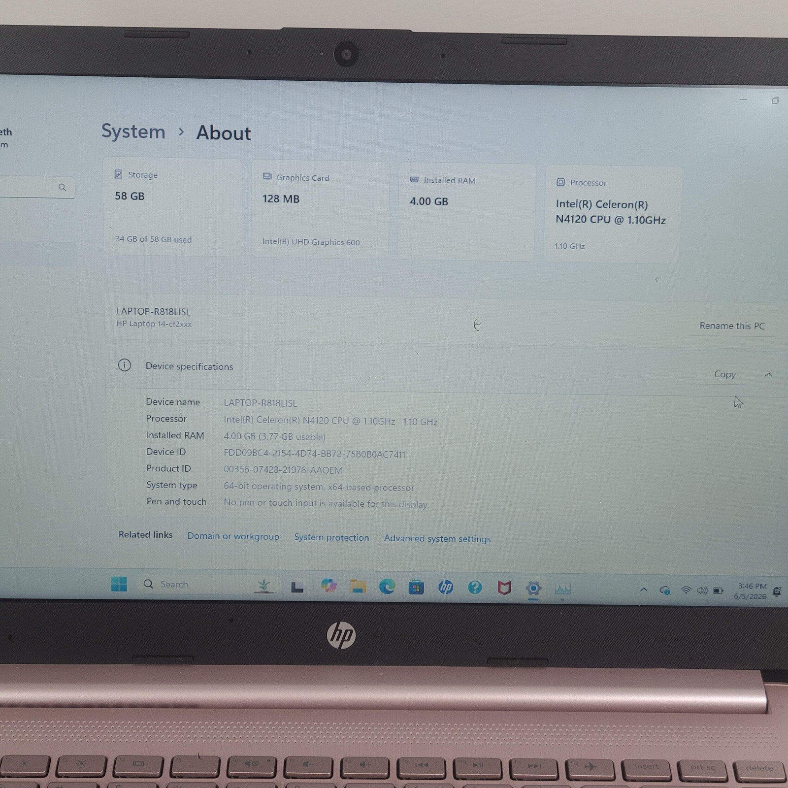 HP Laptop 14-CF2112WM Celeron N4120 1.10Ghz 4GB RAM 64GB SD