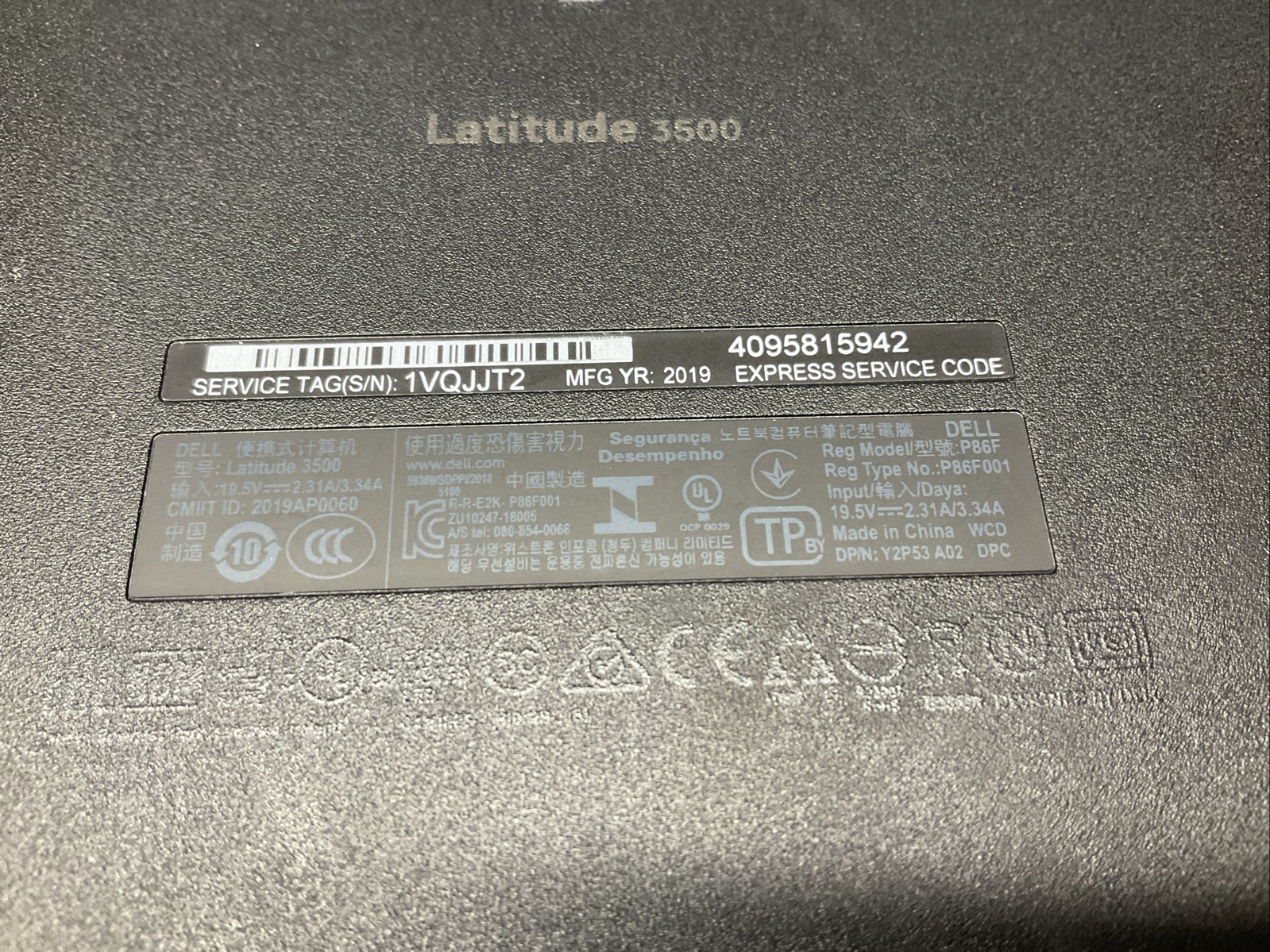 Latitude 3500 / i7 8th / No RAM Laptop Notebook PC / B9N