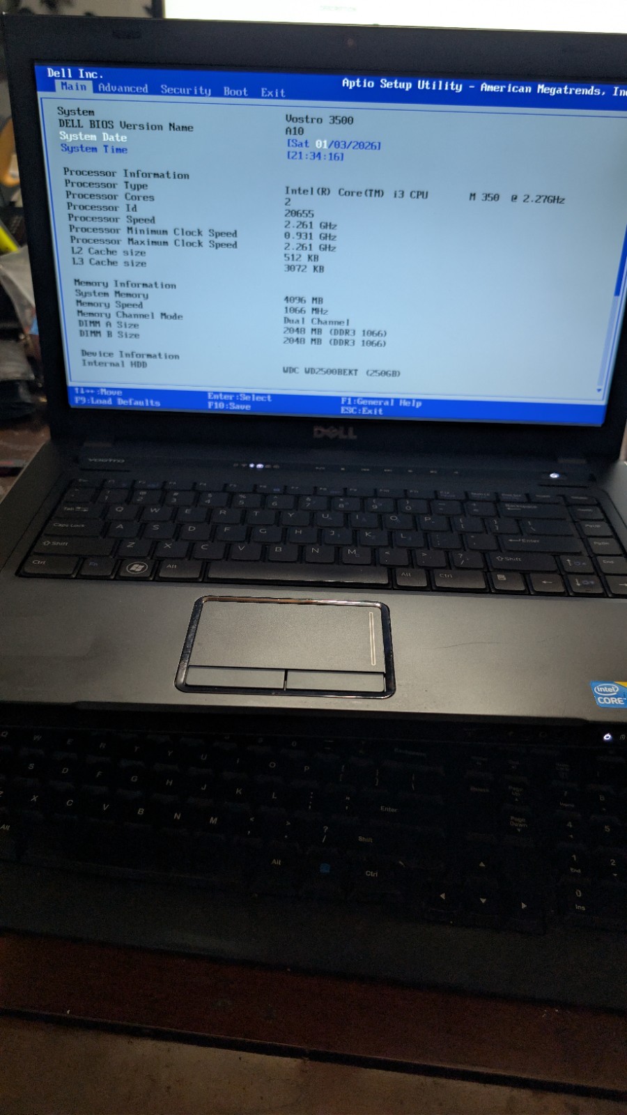 DELL VOSTRO 3500 PC LAPTOP INTEL CORE I3 M 350 2.26ghz 4GB 250GB WIN 10 PRO
