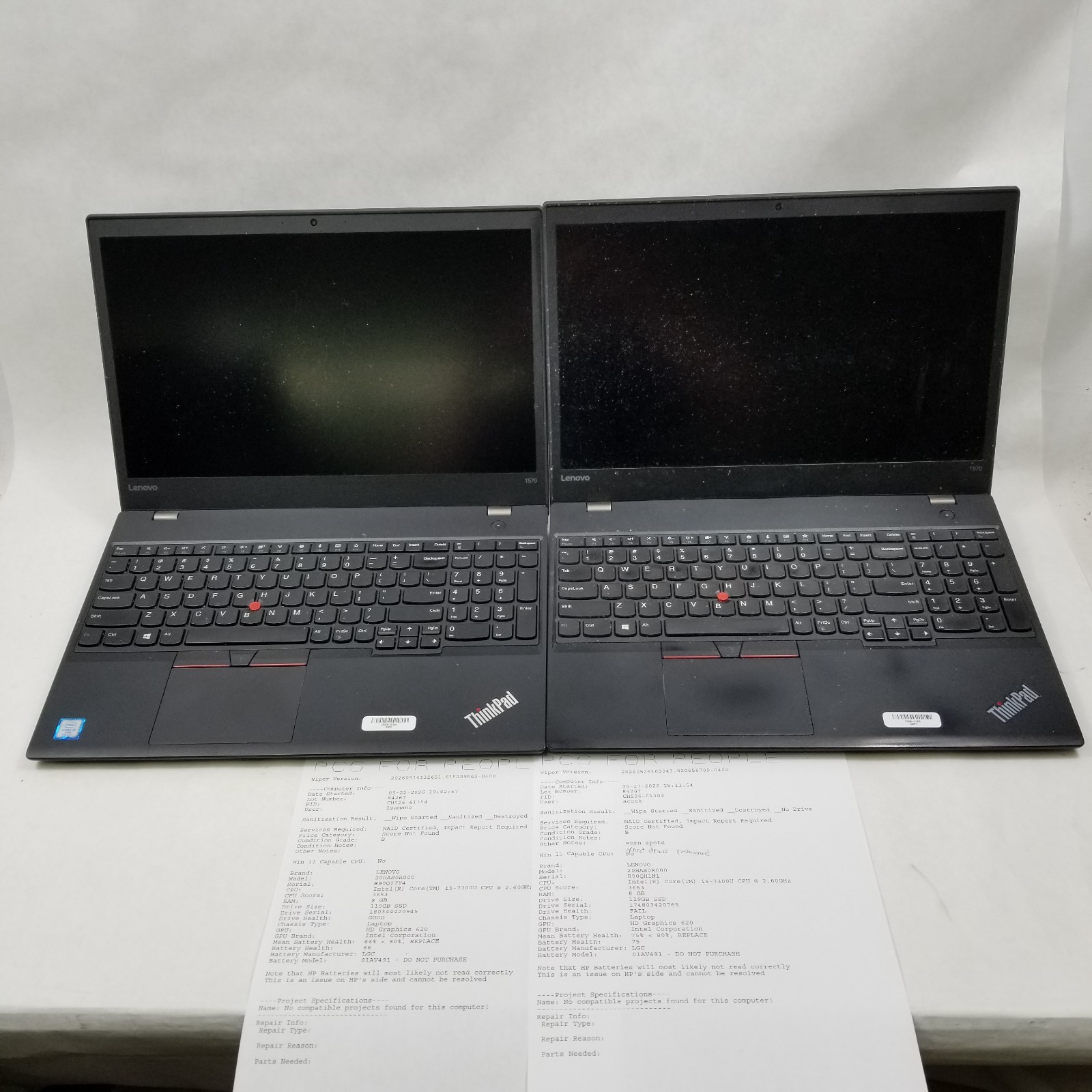 Lot of 4 Lenovo ThinkPad T570 Intel Core i5-7300U 2.6Ghz Mixed Specs *Read*