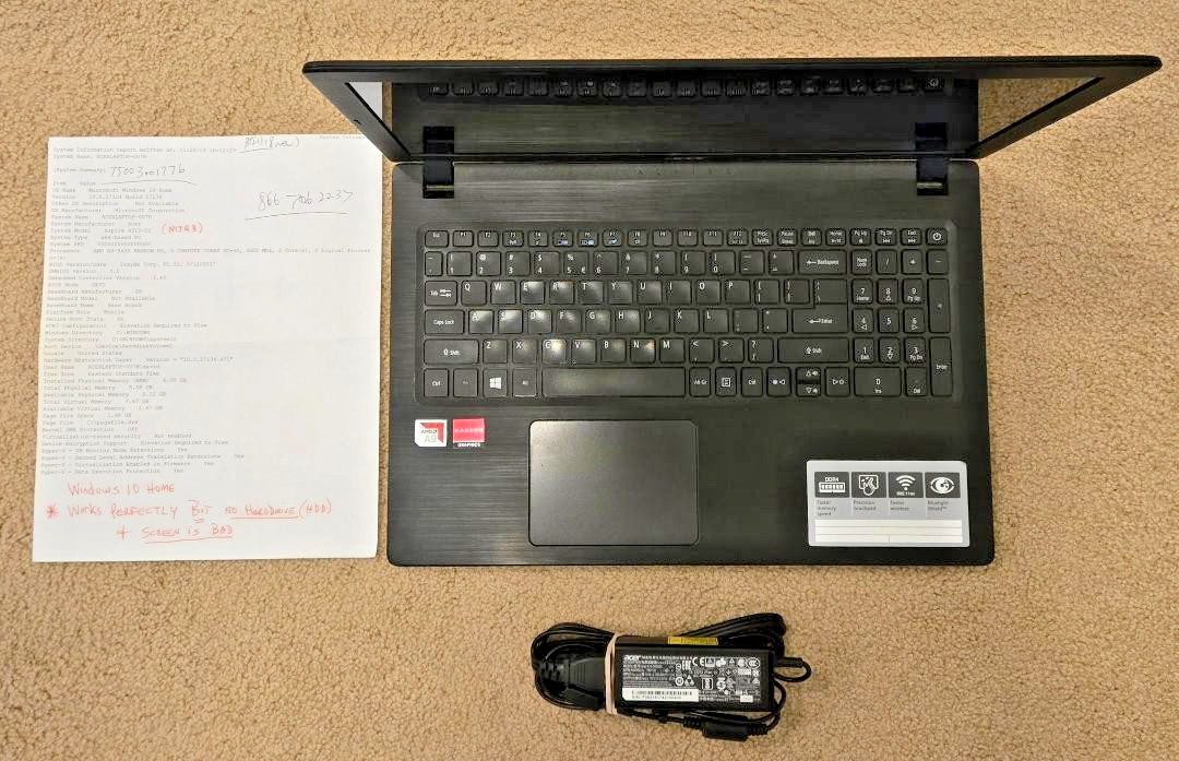 Acer Aspire 3 A315-21 15″ Windows 10 laptop AMD A9-9420 Radeon NO HDD/BAD SCREEN