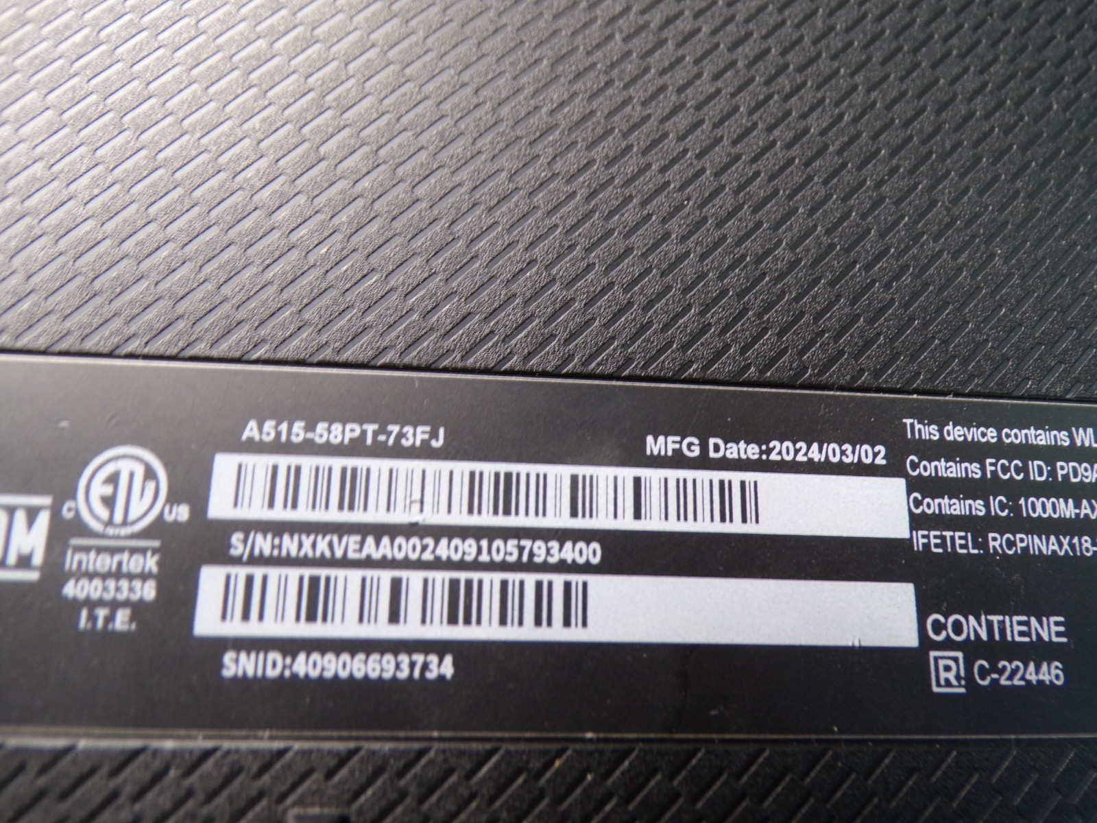 Acer Aspire A515-58PT INTEL CORE I7-13620H@1.60GHz 8GB RAM NO DRIVE PARTS 1113