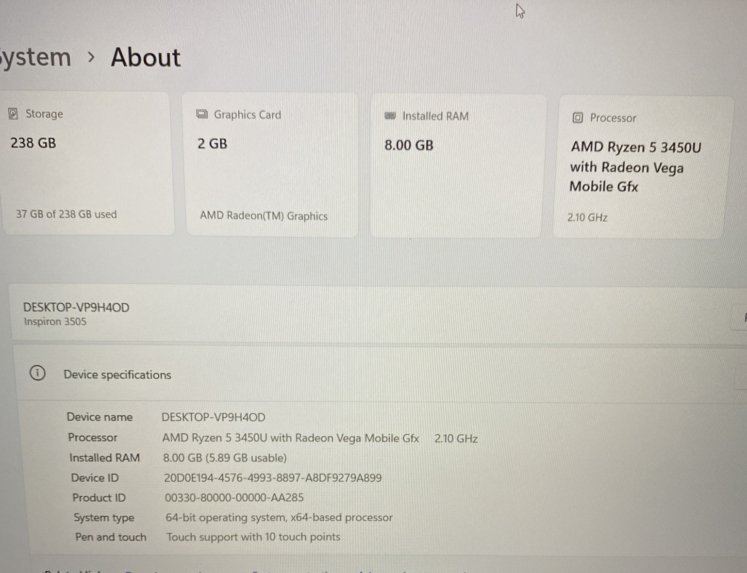 Dell Inspiron 15 3505 Laptop AMD RYZEN 5 5625U 8GB RAM 1920 x 1080 15.6″ – READ