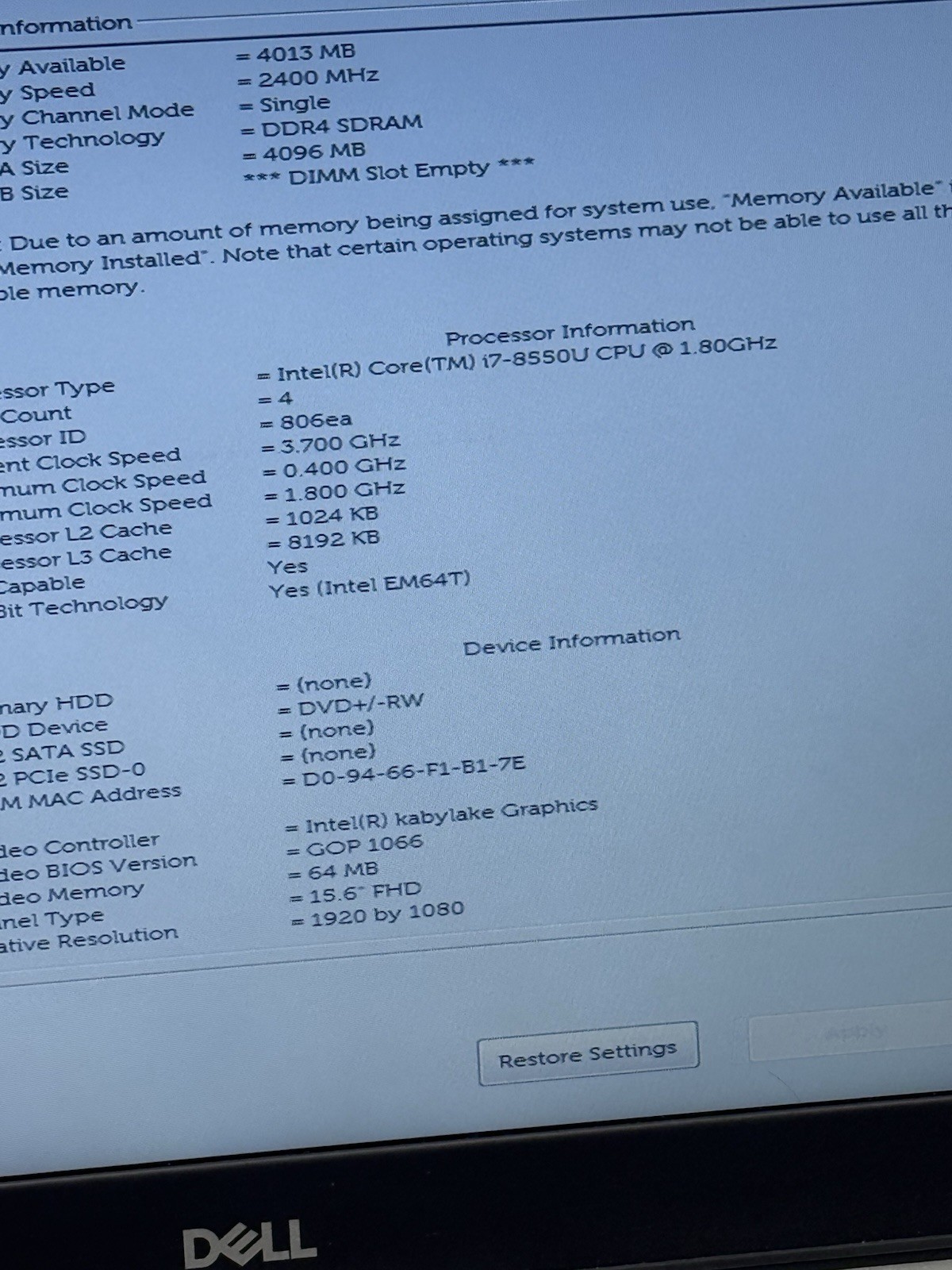 Dell Inspiron 5570 15.6” FHD Touch Intel Core i7-8550U 1.80GHz 4GB RAM READ