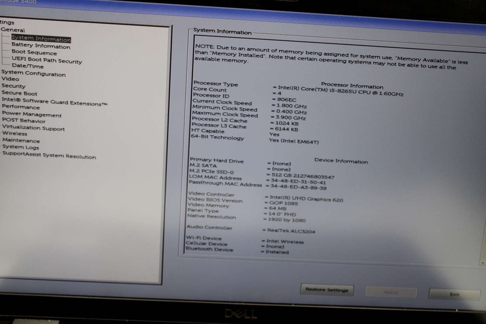 Dell Latitude 5400 i5-8265U @ 1.8 GHz 16GB RAM 512GB SSD W11H