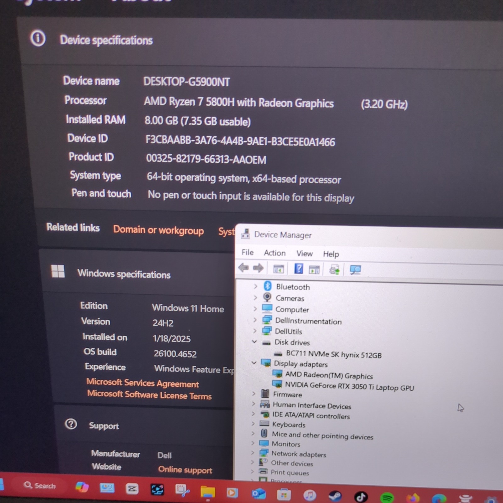 Dell G15 5515 15.6″ Ryzen 7 5800H 3.2GHz 8GB RAM 512GB SSD RTX 3050Ti