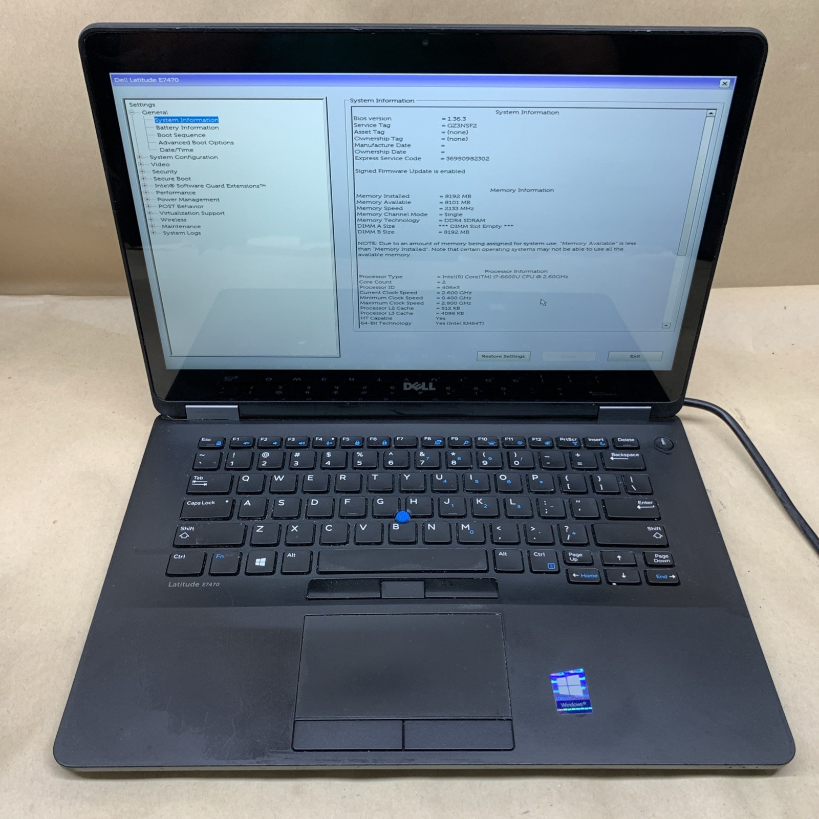 Dell Latitude E7470 Touchscreen 14″ i7-6600U@2.6GHz, 8GB RAM, No SSD, No OS