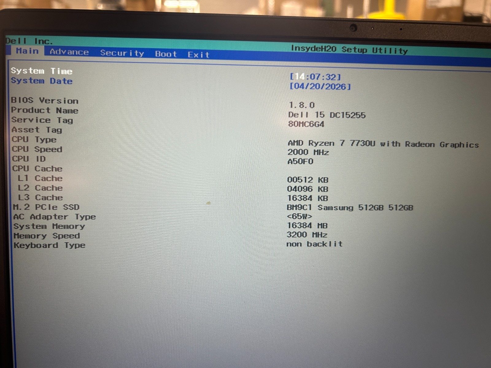 DELL 15 DC15255 G8MK9, AMD Ryzen 7 7730U, 2.00 GHz, 16 GB RAM, 512 GB NVMe SSD