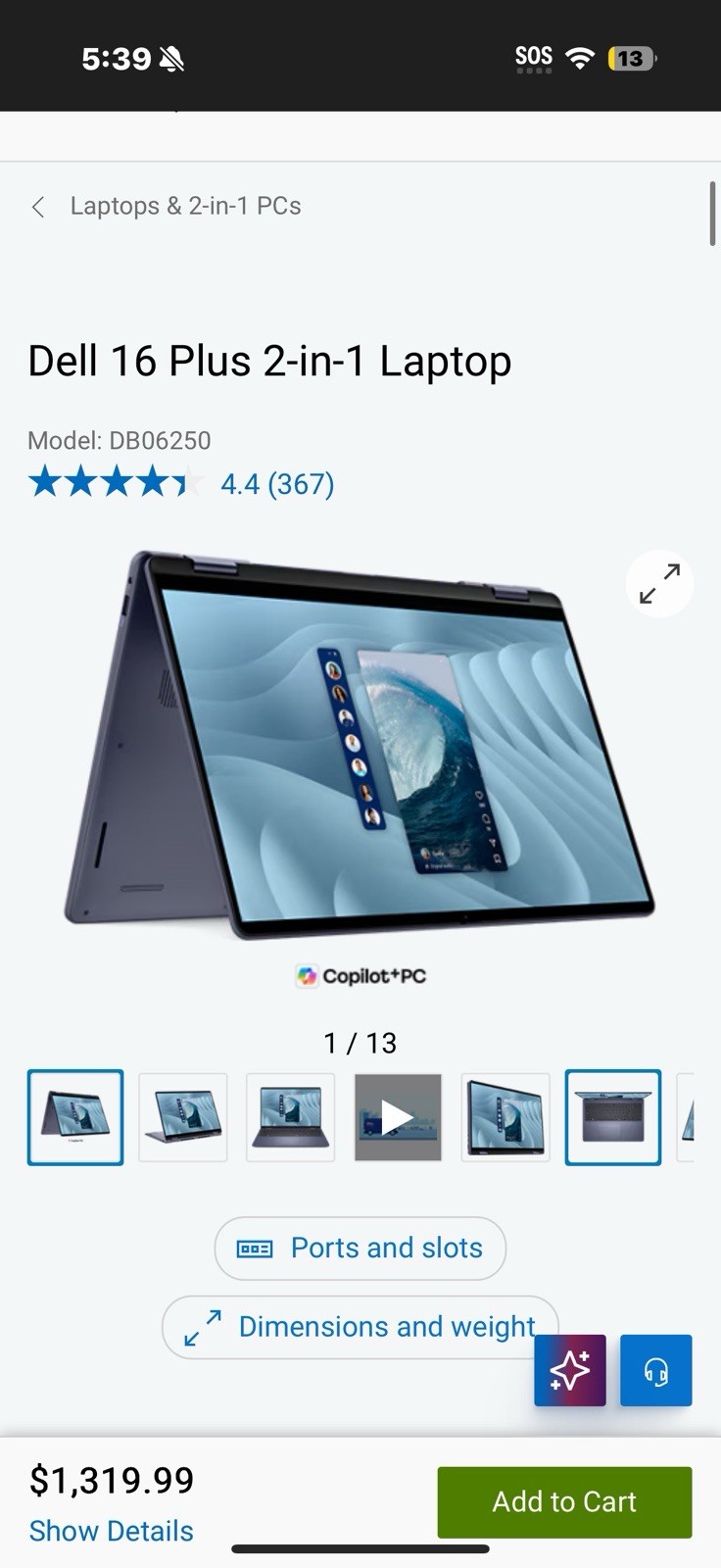 Dell Inspiron 16 7635 2-in-1 Laptop Ryzen 5 16GB 477GB SSD Touchscreen Silver
